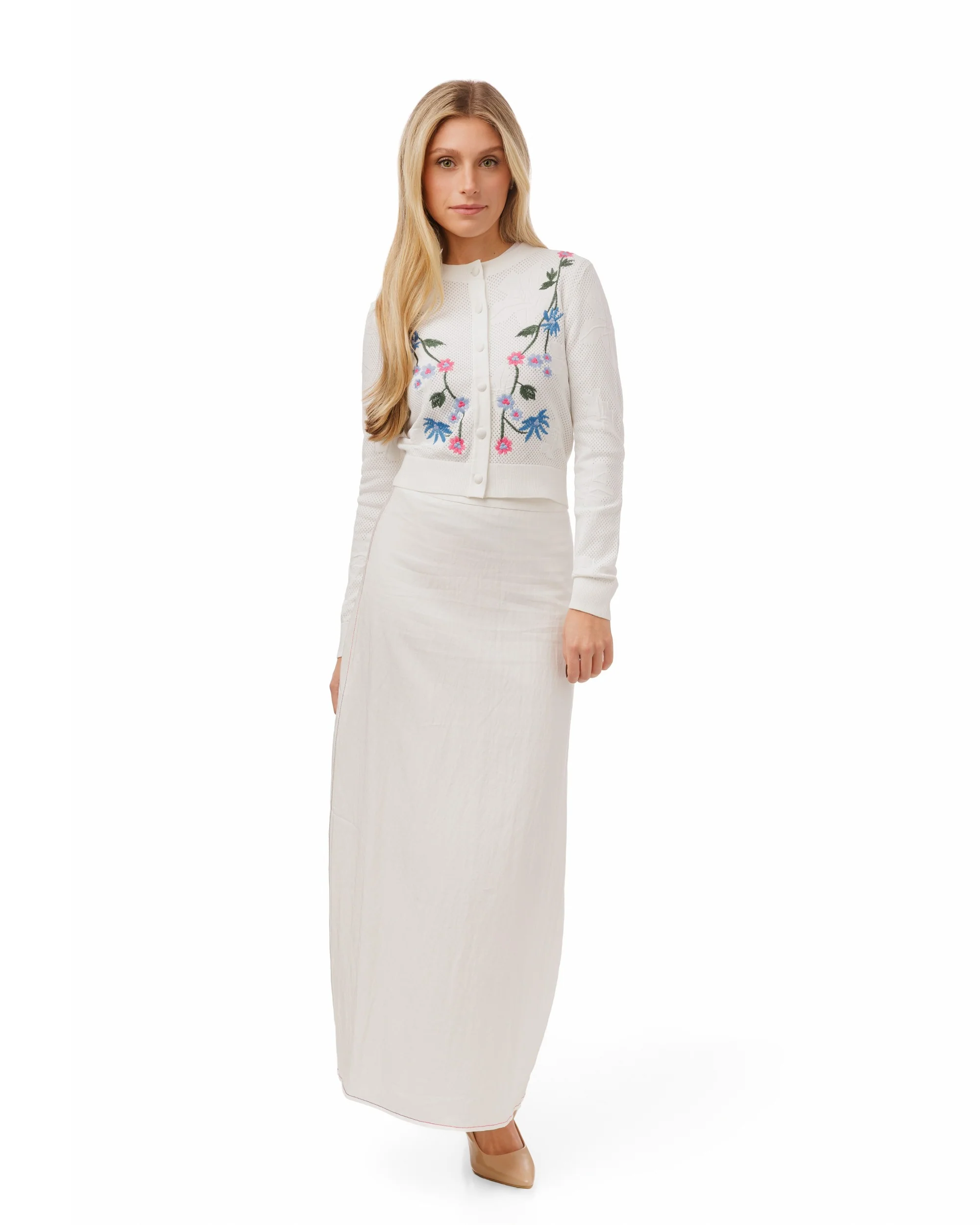 Knit Textured Cardigan With Blue And Pink Flowers - White - Image 2