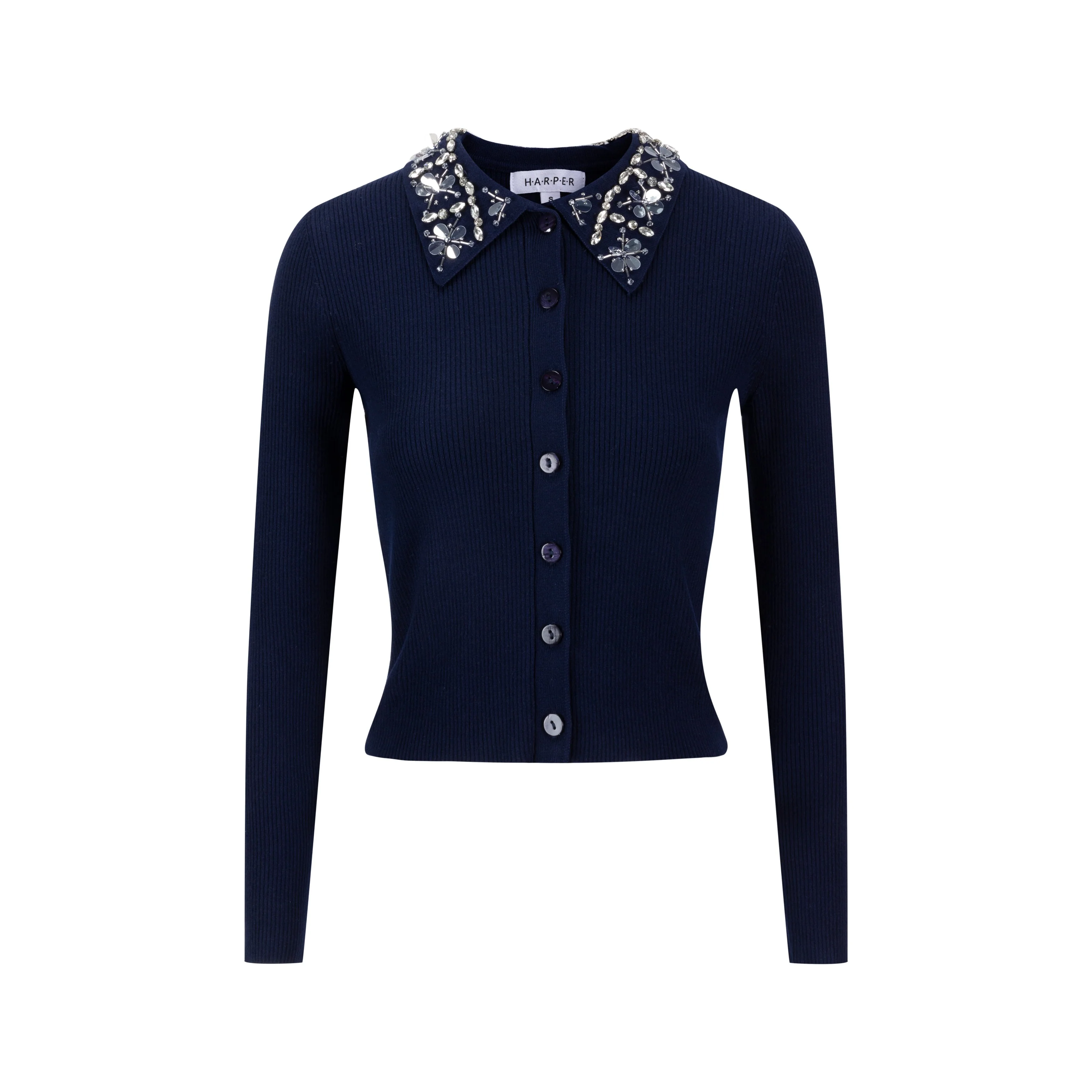 Knit Top With Beaded Collar - Navy - Image 2