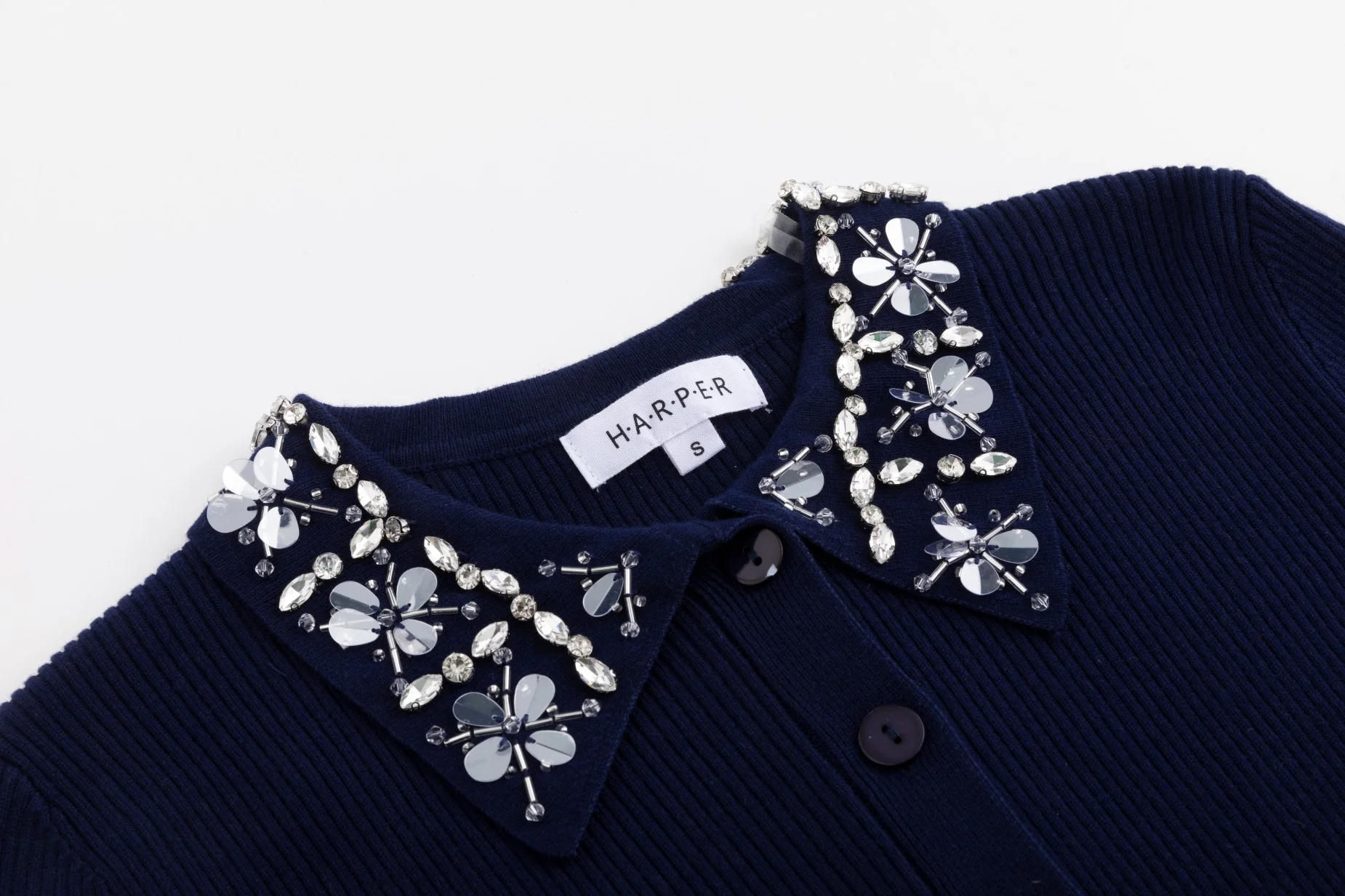 Knit Top With Beaded Collar - Navy - Image 5