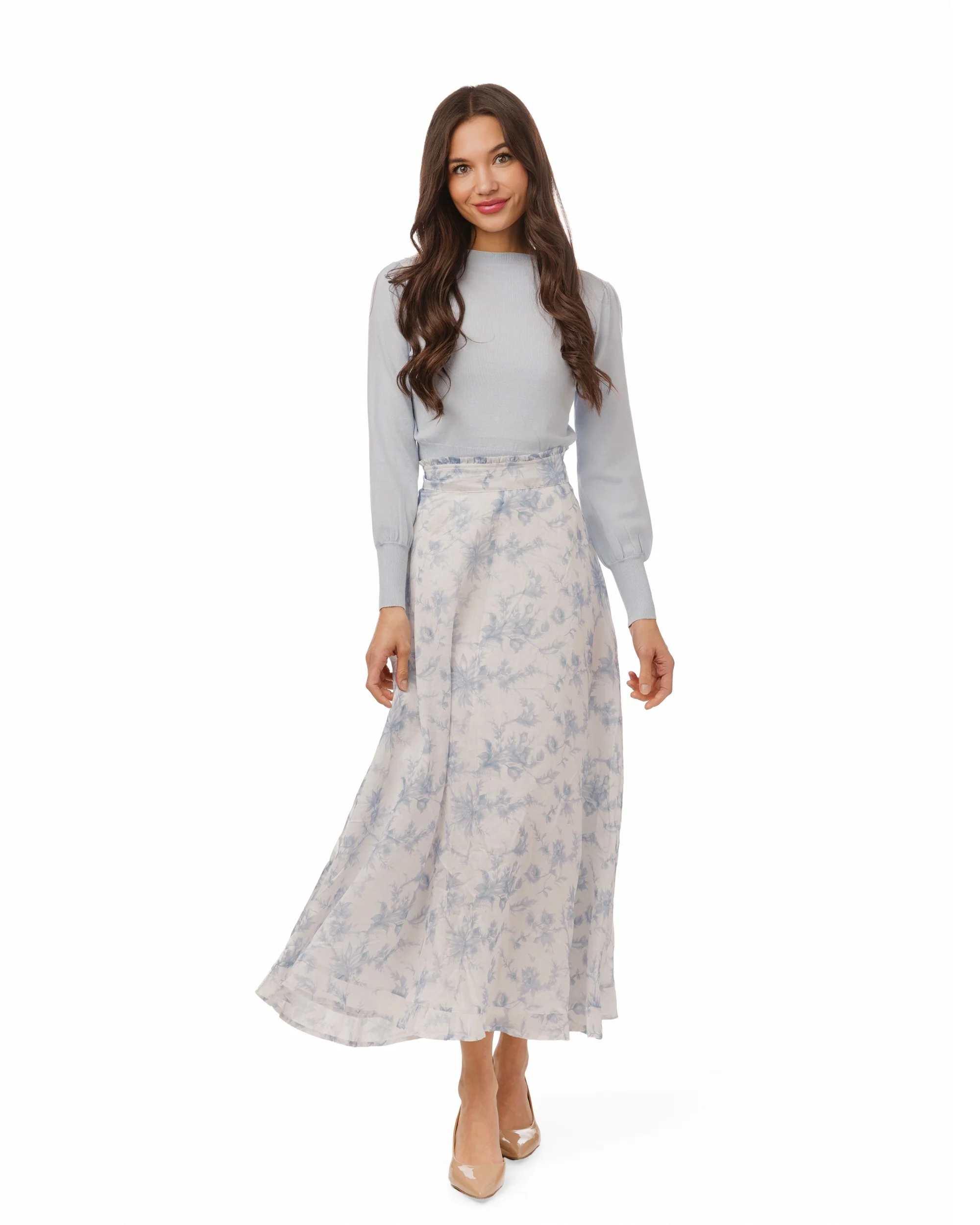 Light Blue & White Printed Floral Chiffon Skirt - Image 2