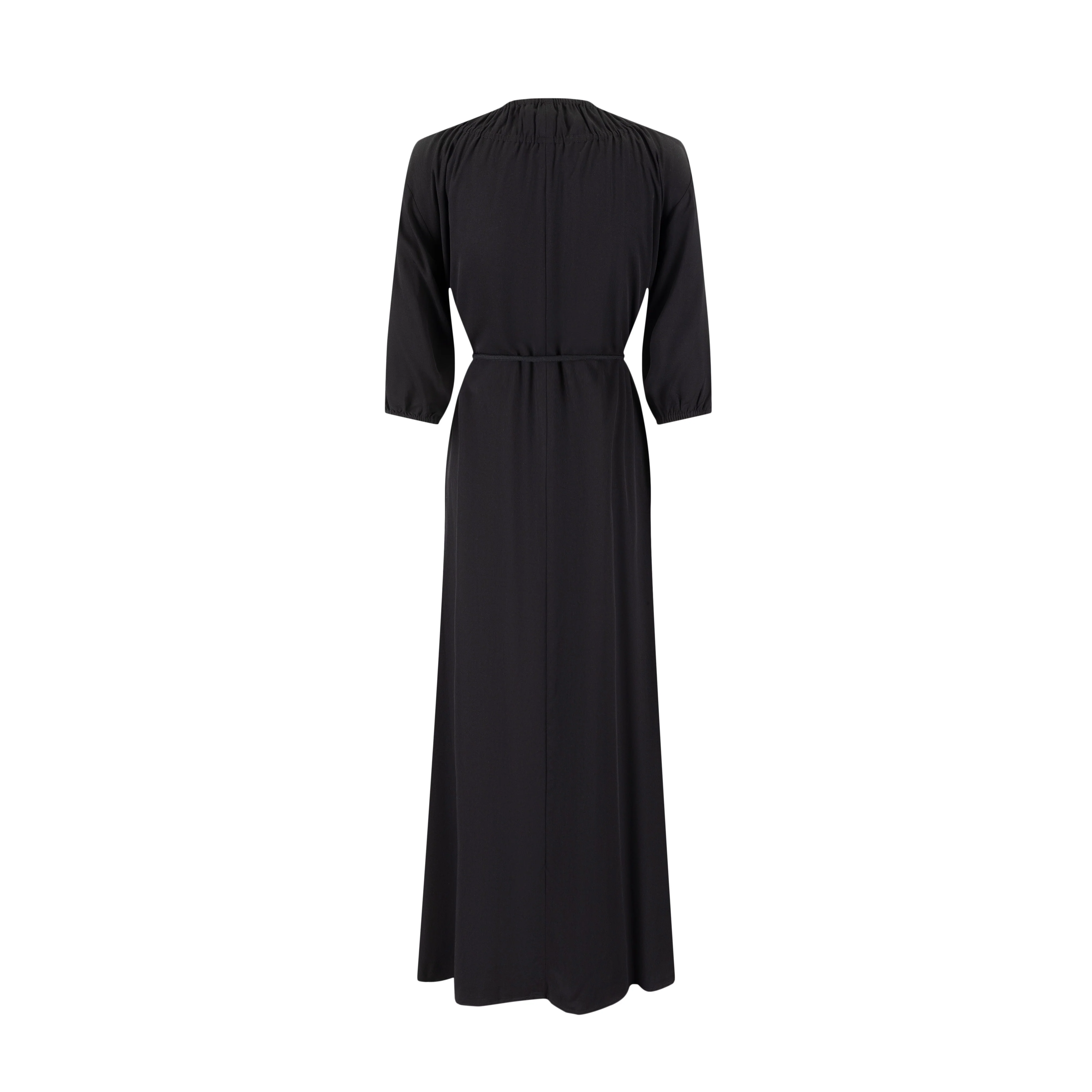 Linen Drawstring Neckline Dress - Black - Image 3