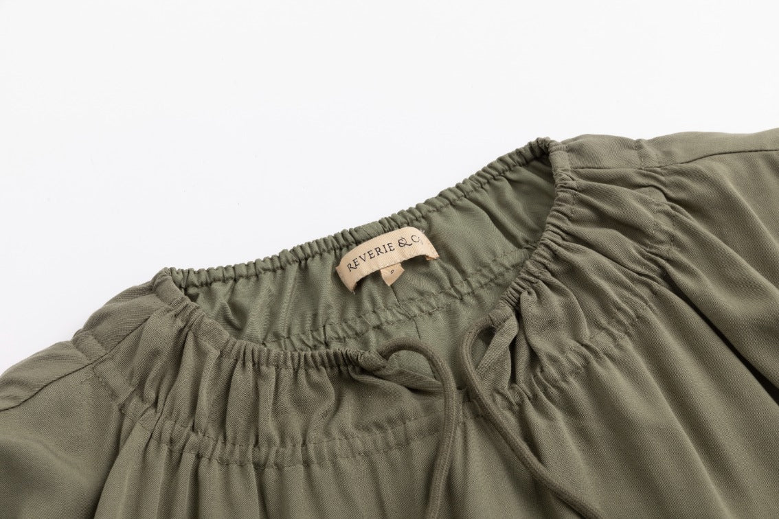 Linen Drawstring Neckline Dress - Green - Image 6
