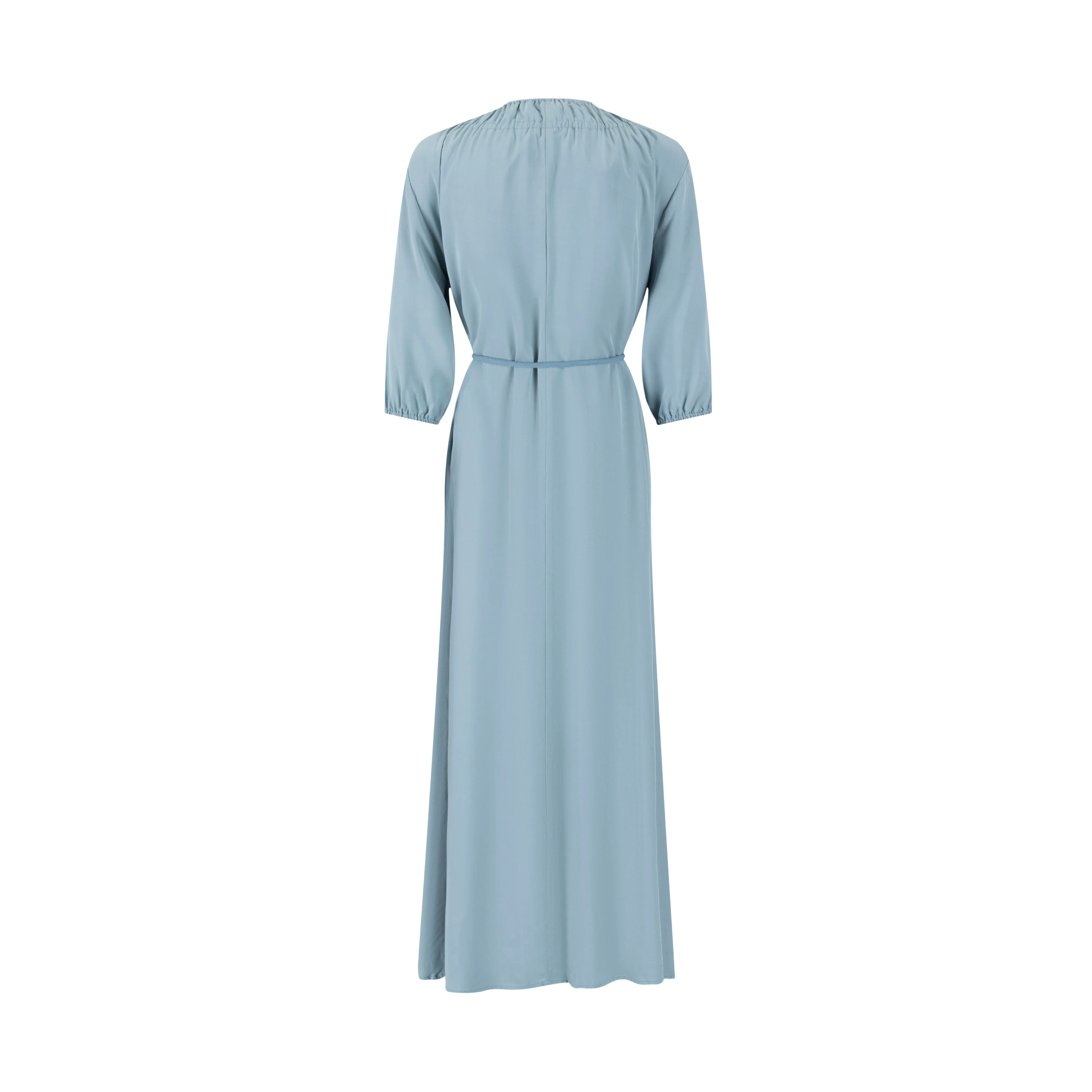 Linen Drawstring Neckline Dress - Sea Blue - Image 3