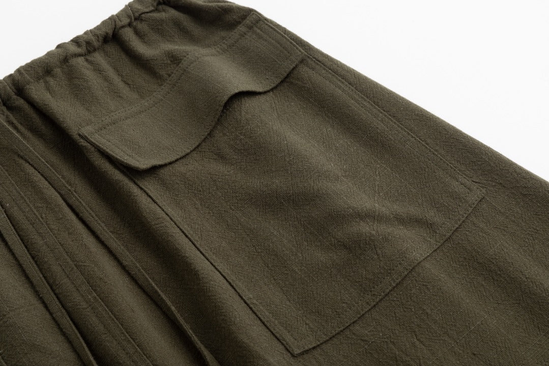 Linen Drawstring Pocket Skirt - Green Moss - Image 6