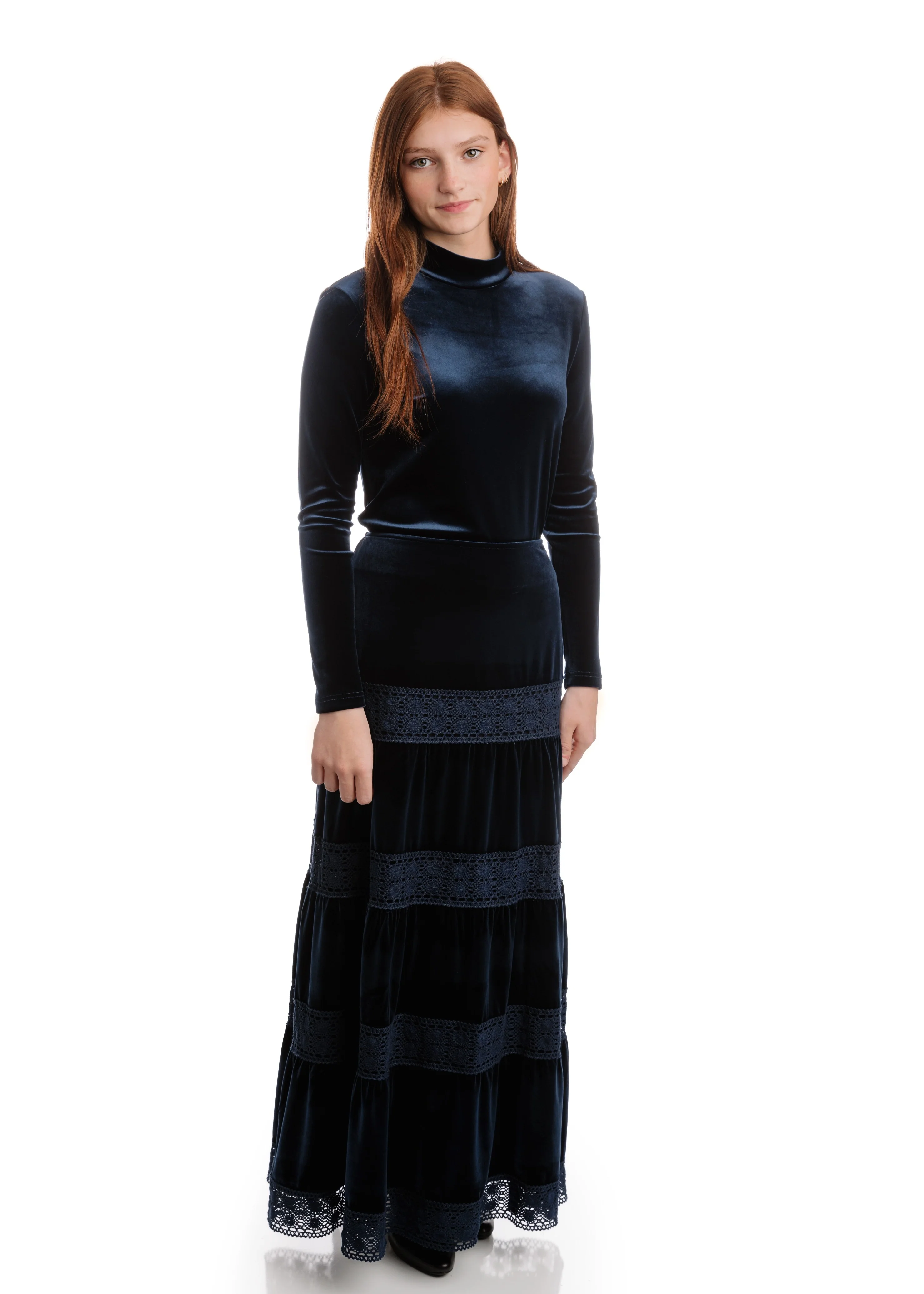 Velvet Skirt With Lace Trimmings - Blue