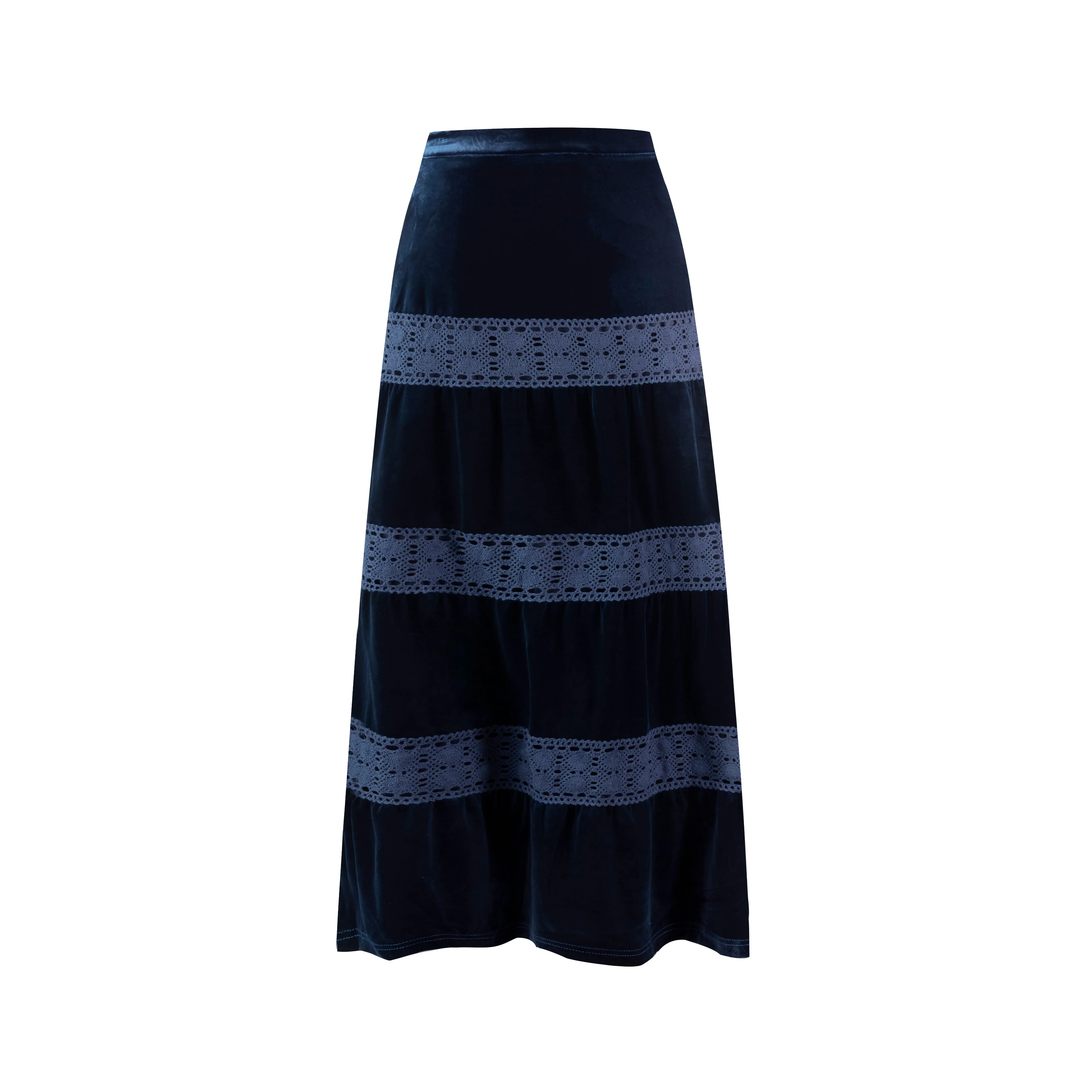 Velvet Skirt With Lace Trimmings - Blue - Image 3