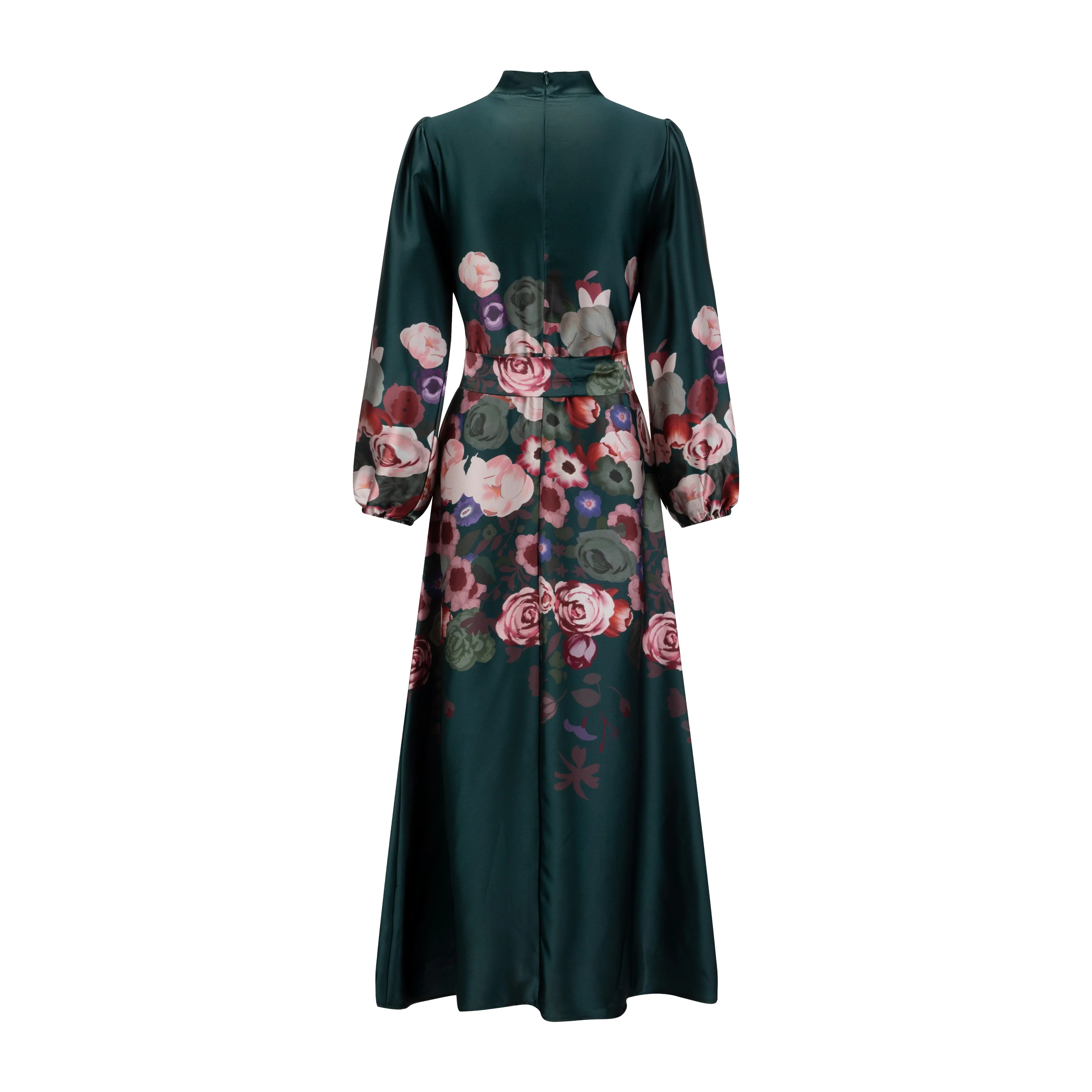 Multi Flower Printed Satin Dress - Emerald Green - Image 3