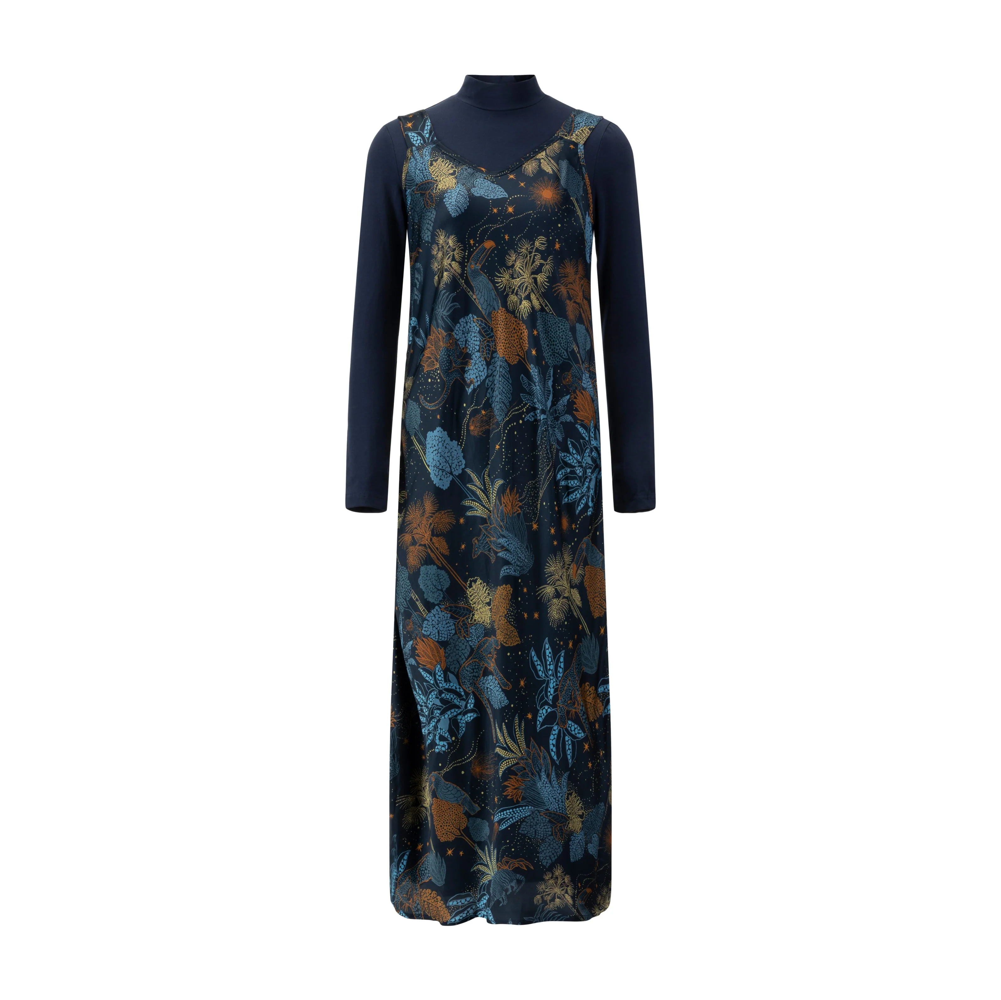 Navy And Brown Satin Jumper With Turtleneck Underlay - Image 2