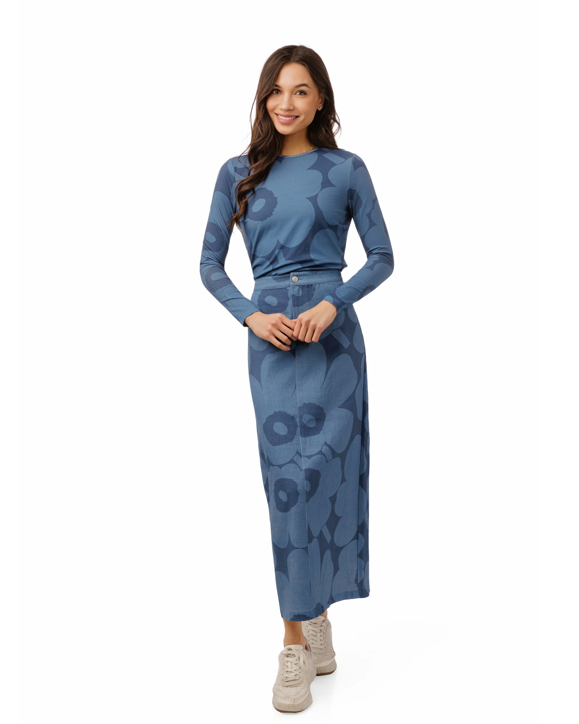 Navy Base Blue Flower Print Denim Skirt