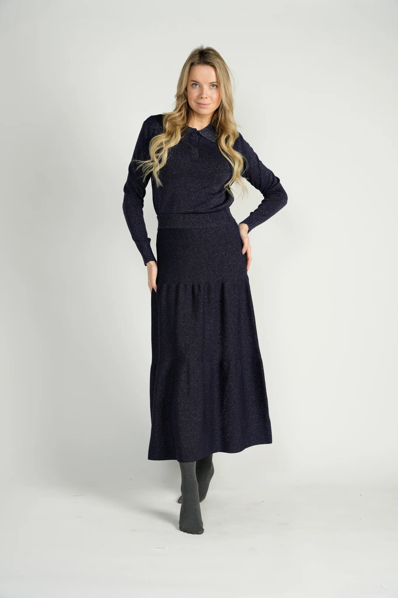 Navy Metallic Knit 2-Tiered Long Midi Skirt - Image 2