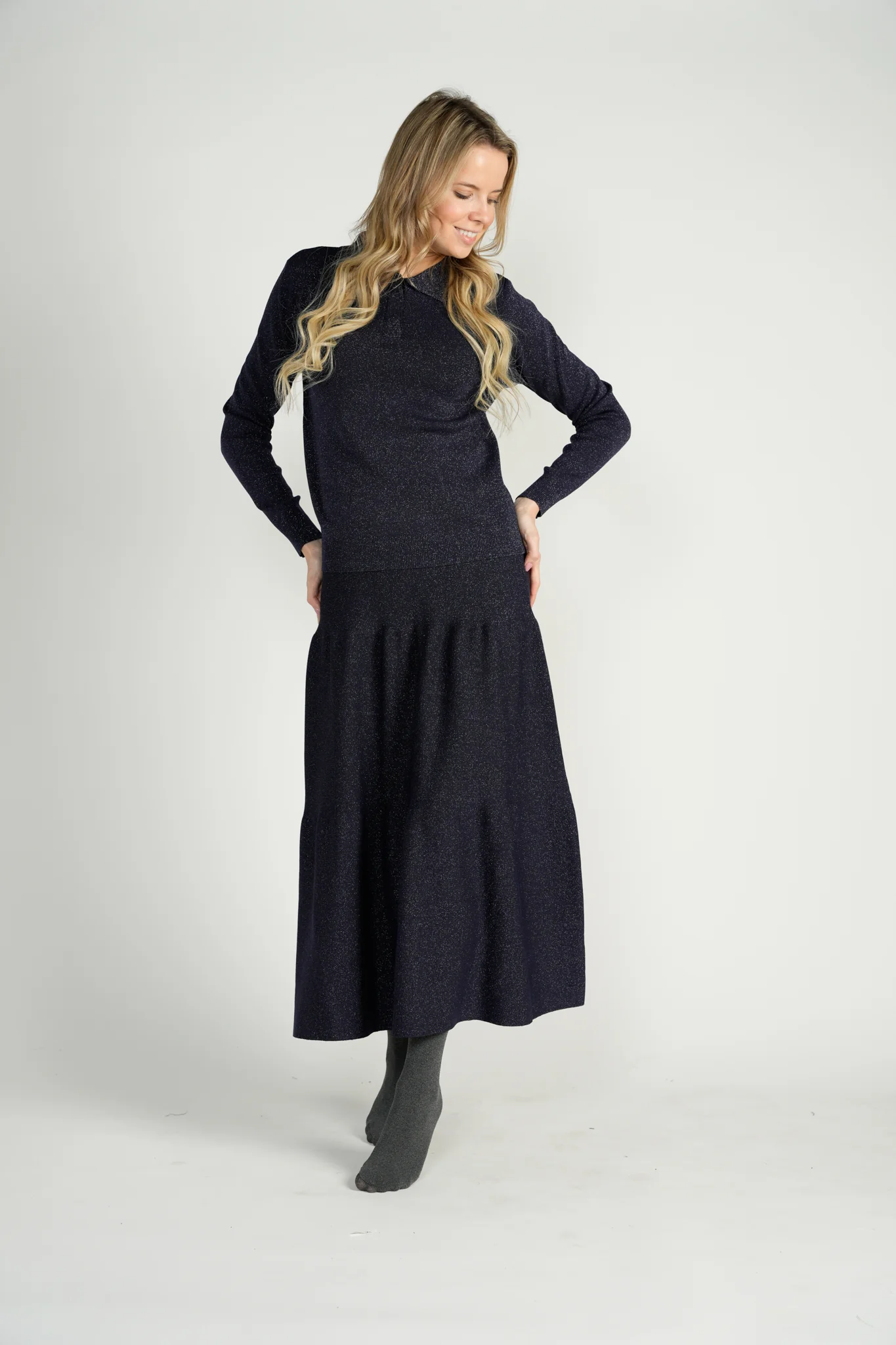 Navy Metallic Knit 2-Tiered Long Midi Skirt - Image 3