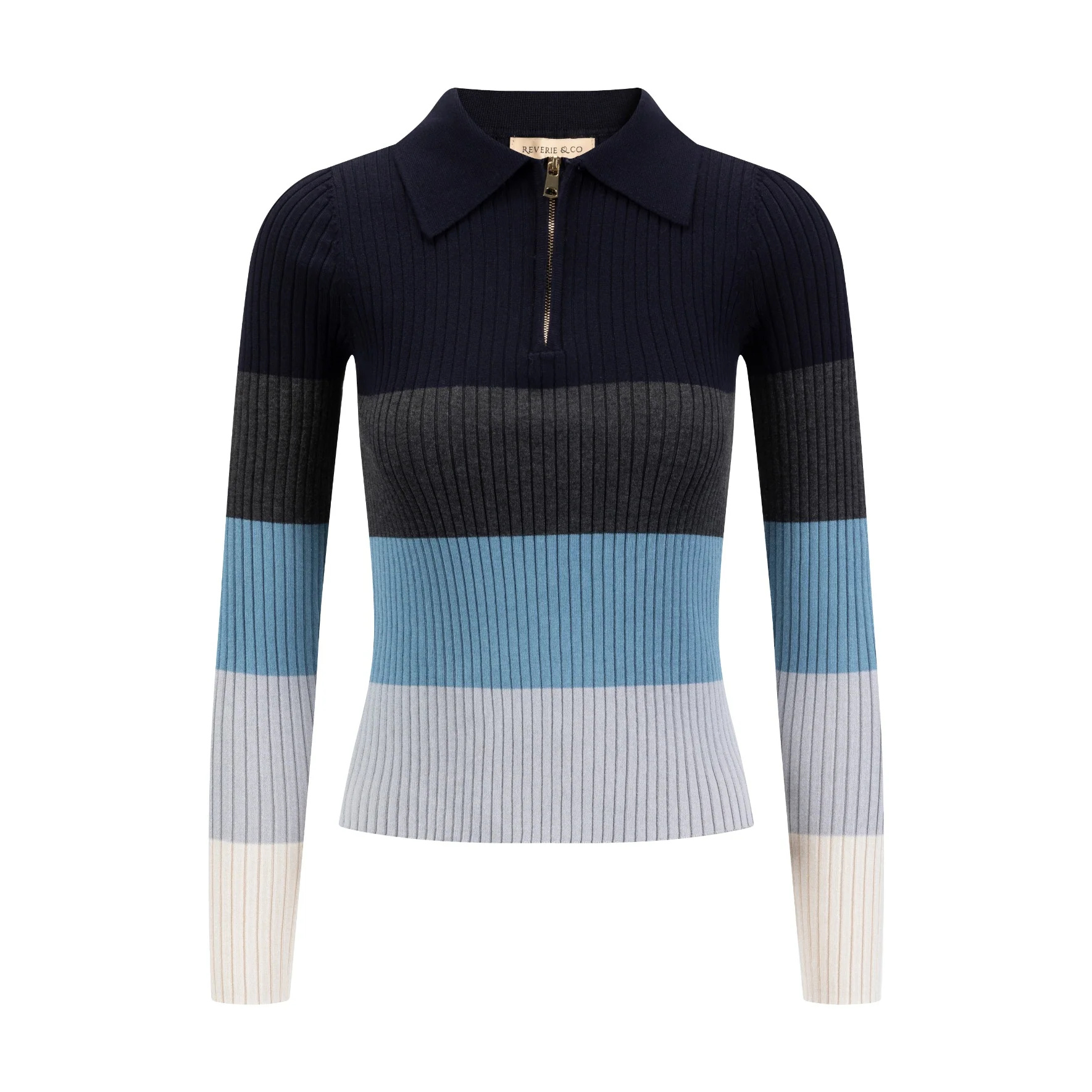 Multi Colored Striped Knit Shirt With Zipper - Navy