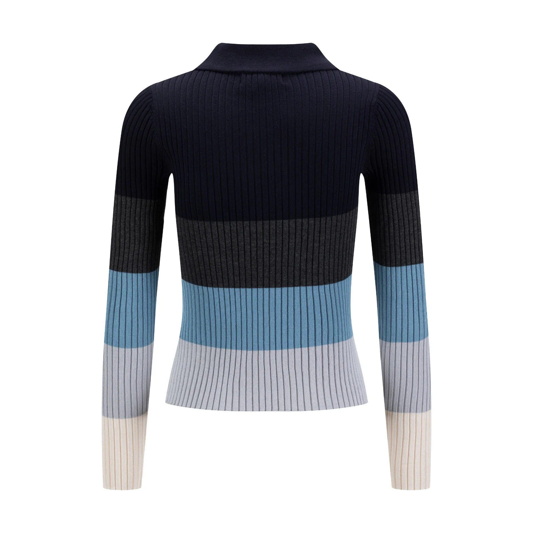 Multi Colored Striped Knit Shirt With Zipper - Navy - Image 2