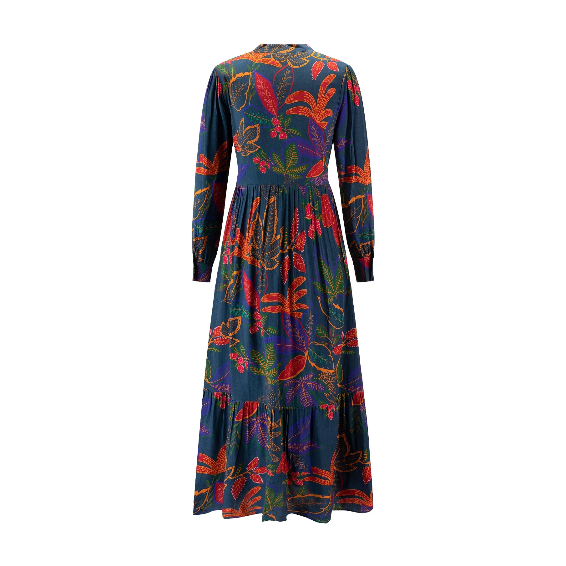 Navy With Multicolor Leaves Printed Dress - Image 3