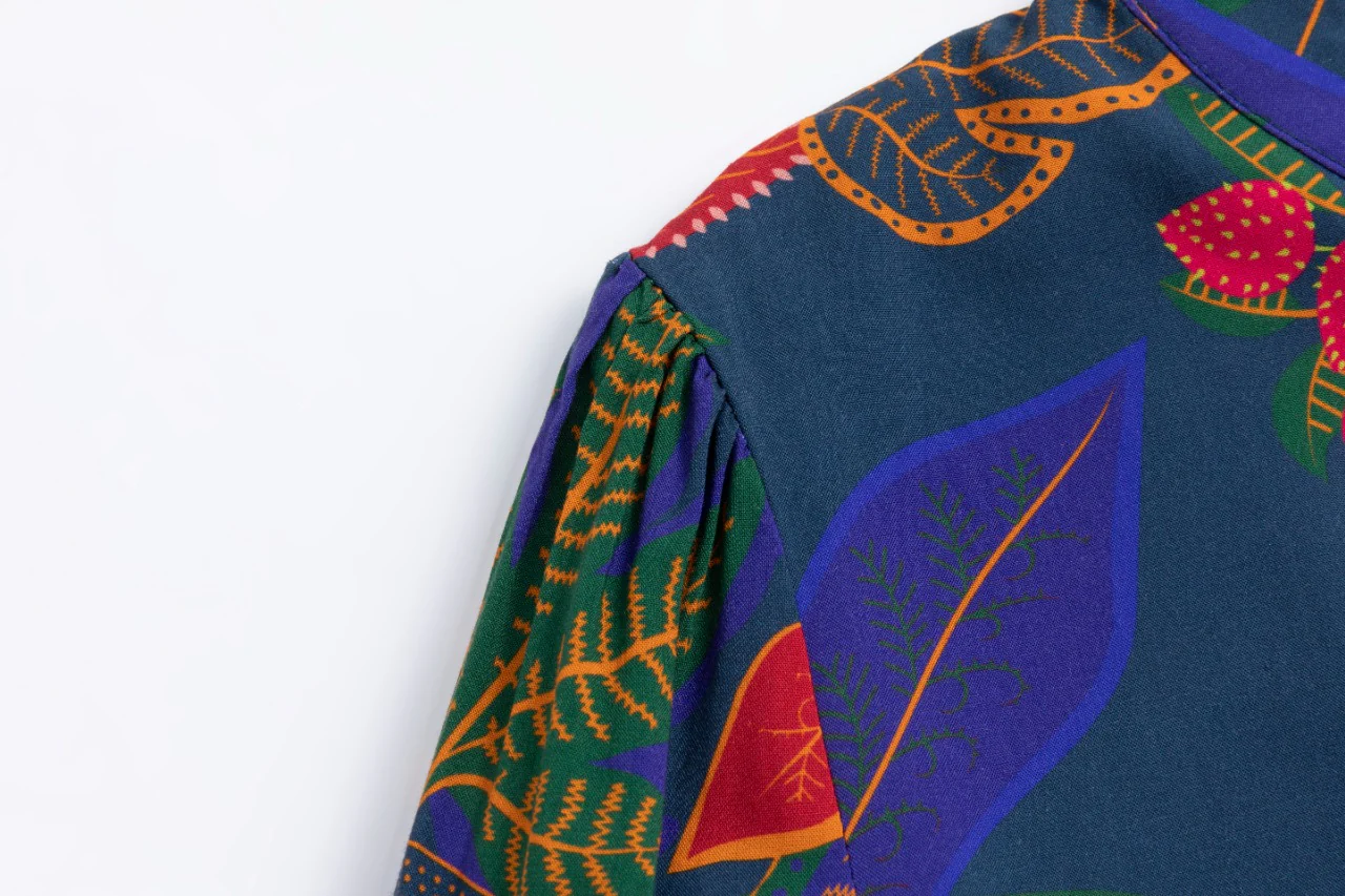 Navy With Multicolor Leaves Printed Dress - Image 5
