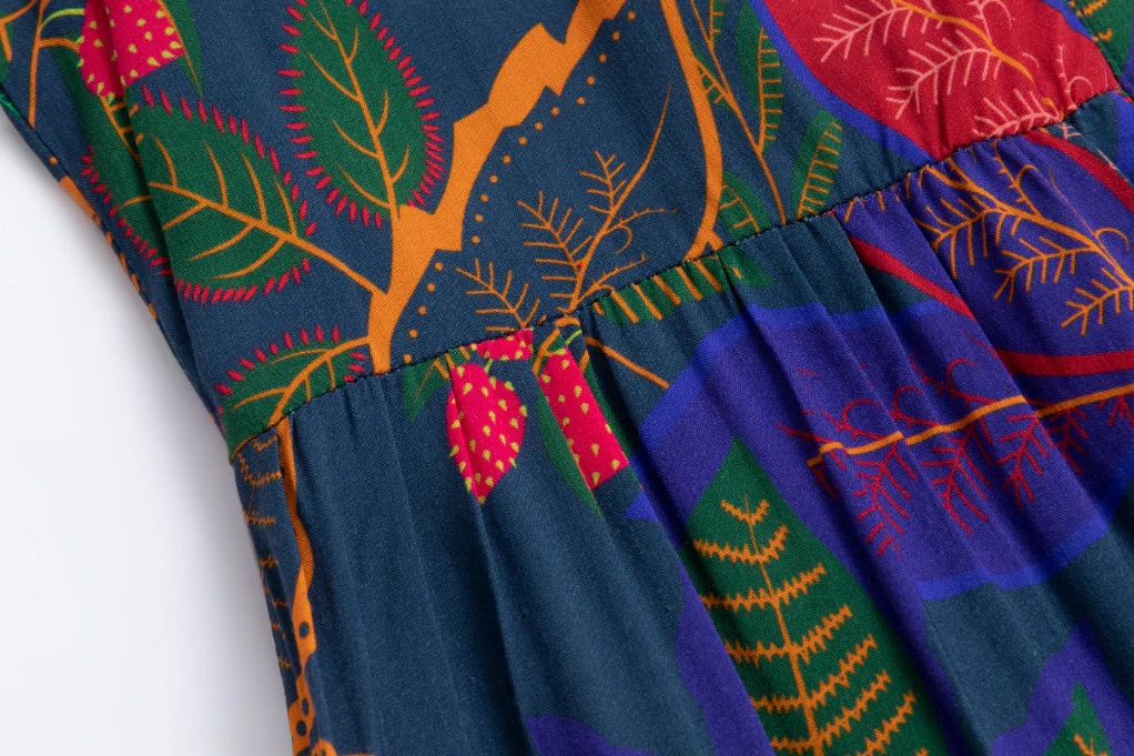 Navy With Multicolor Leaves Printed Dress - Image 7