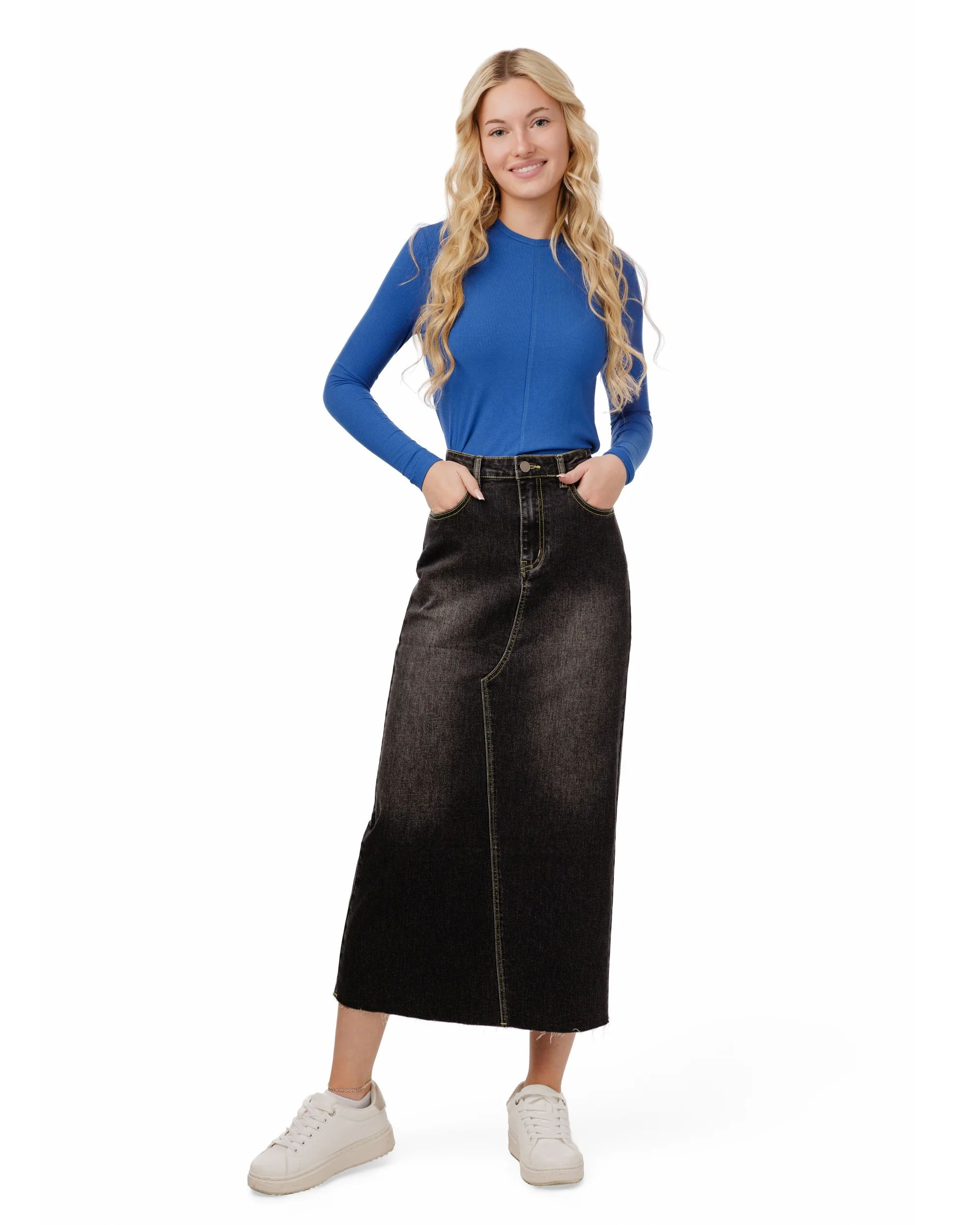 Neon Stitching Denim Skirt - Black