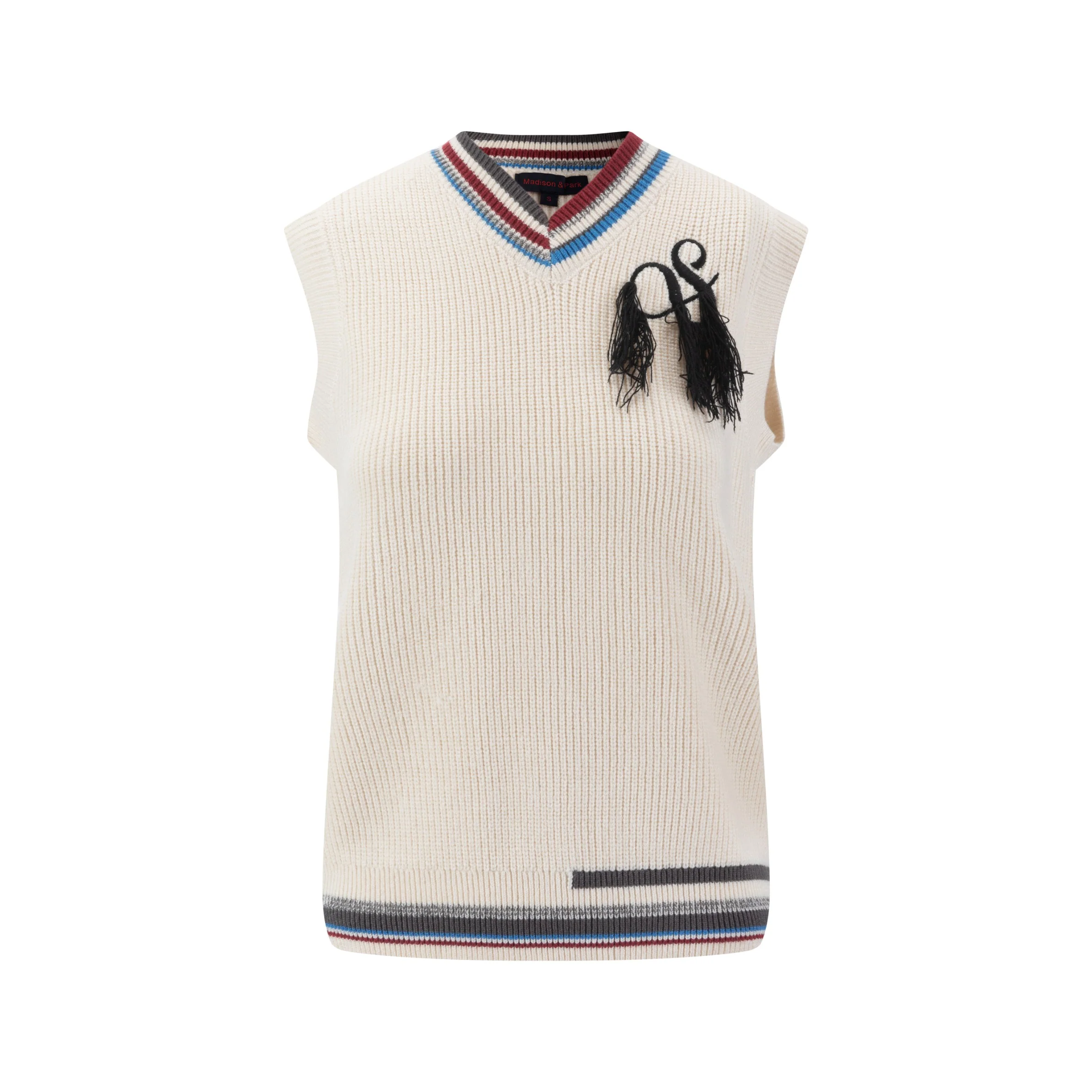 Off White Knit Vest With Colored Striped Ribbing - Image 2