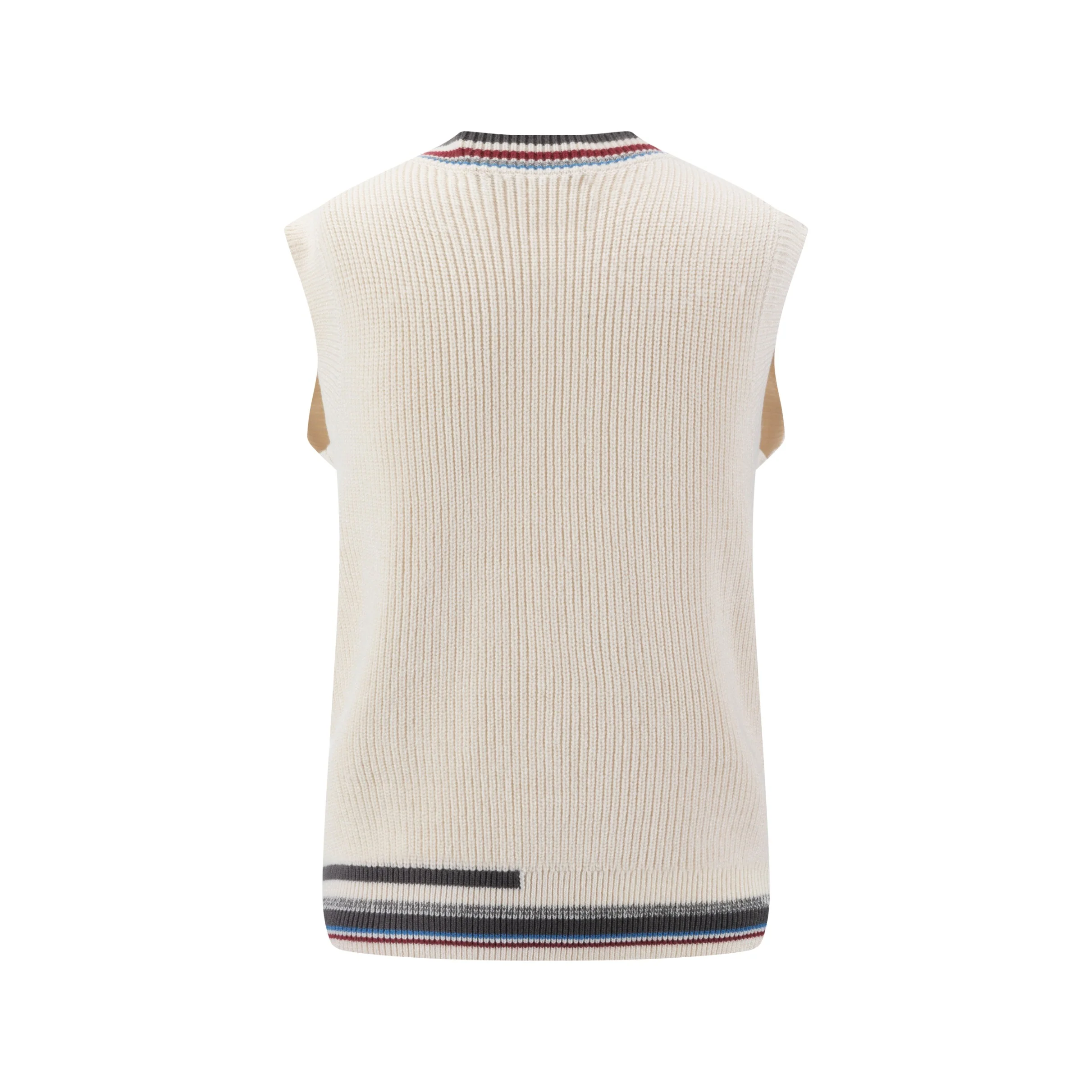 Off White Knit Vest With Colored Striped Ribbing - Image 3