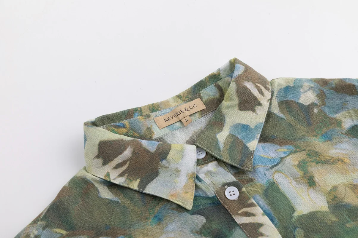 Painted Floral Linen Blouse Sea Blue - Image 5