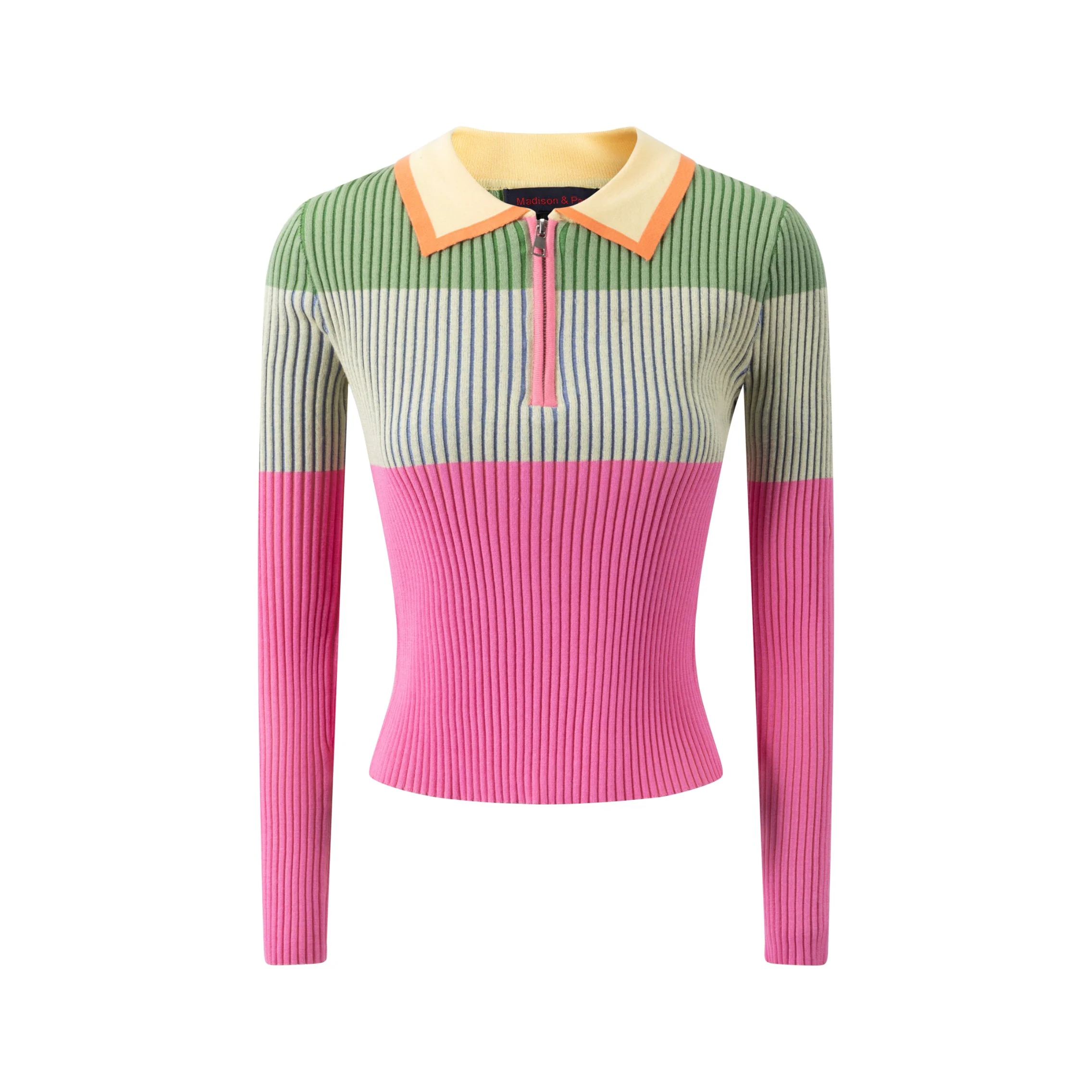 Pink And Green Knit Ribbed Top With Collar - Image 2
