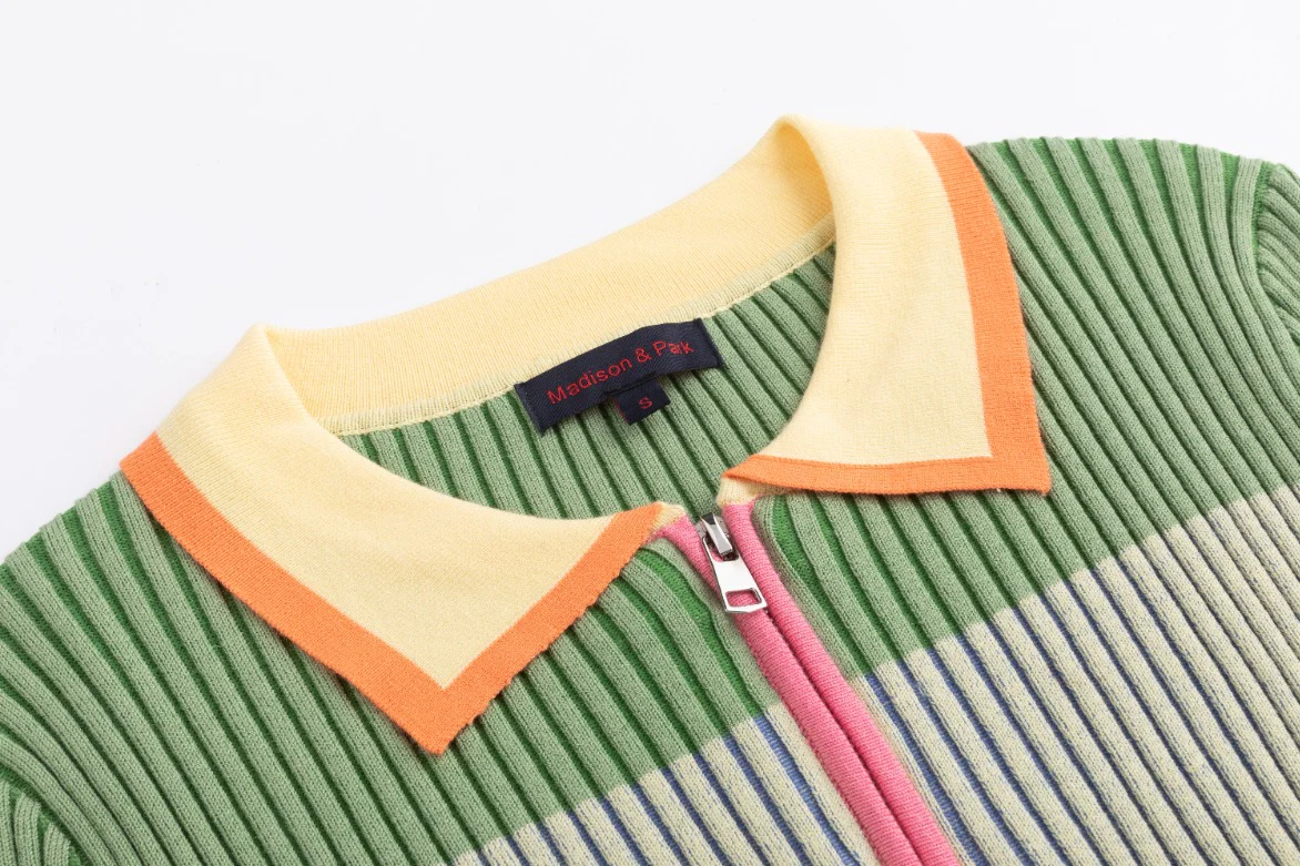 Pink And Green Knit Ribbed Top With Collar - Image 4