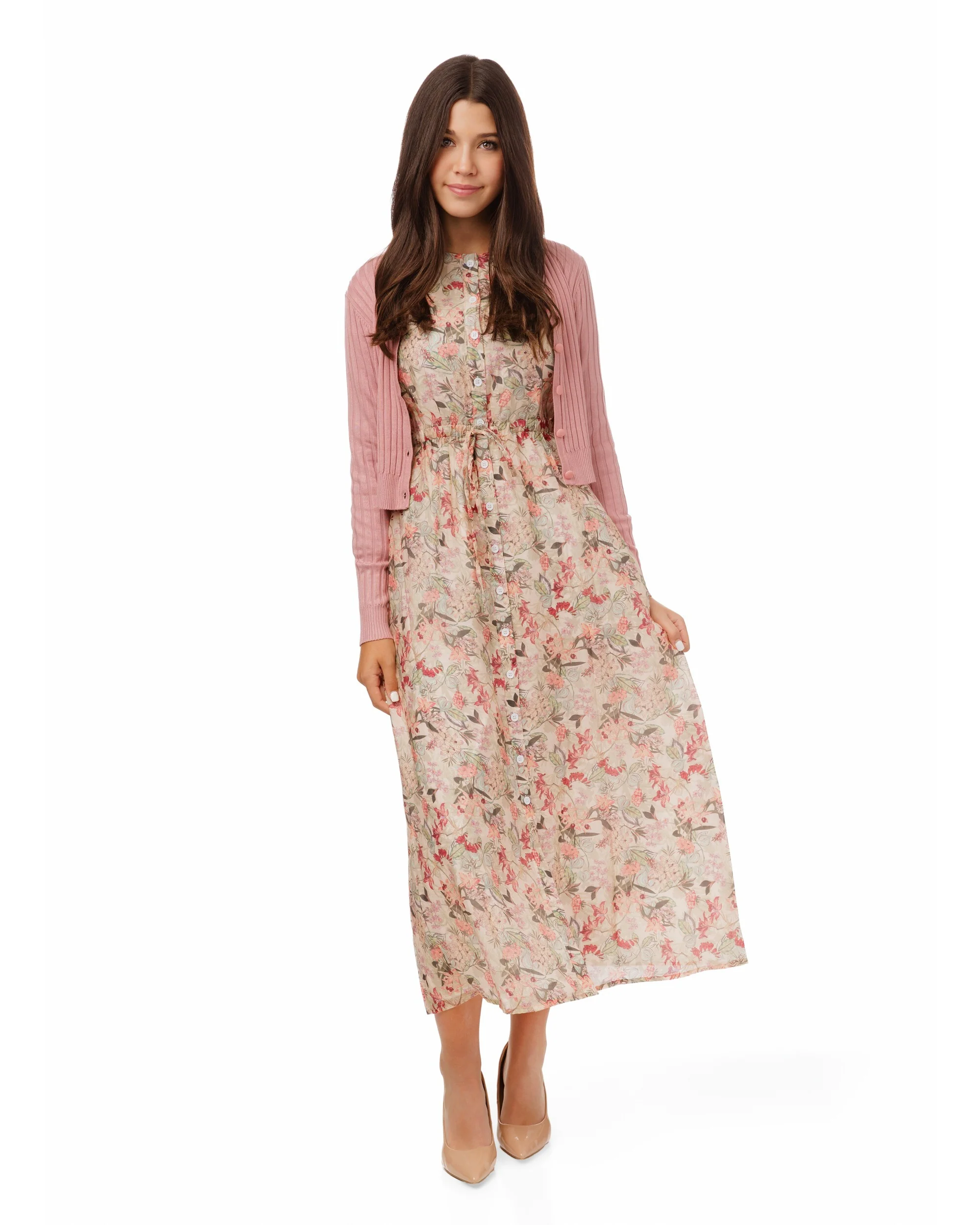 Pink Floral Dress With Knit Cardigan