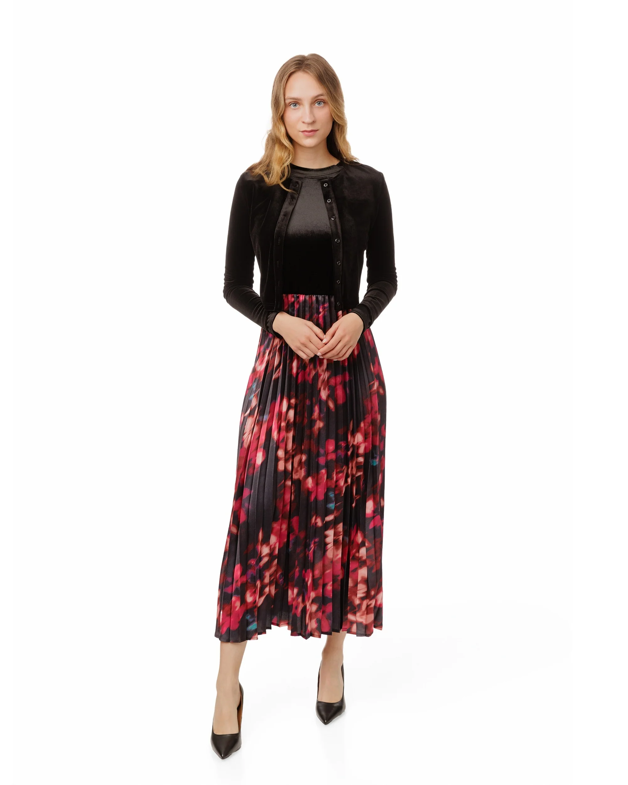Pink Floral Pleated Dress