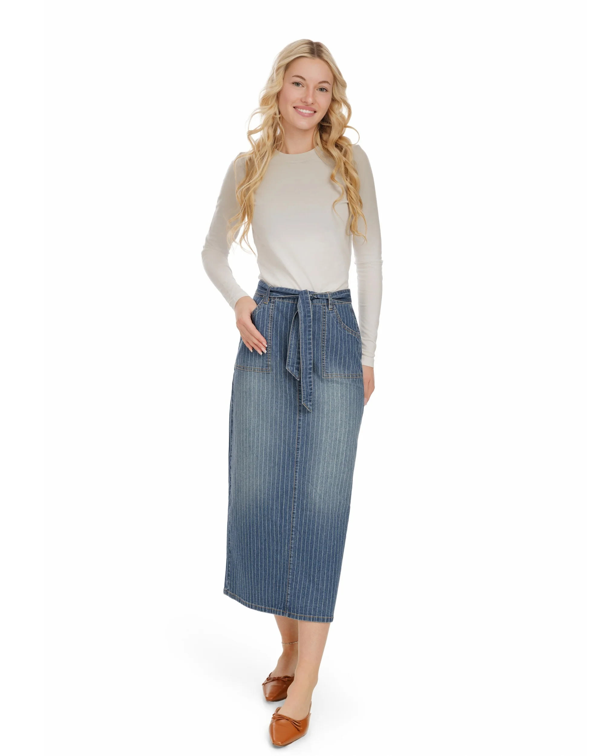 Pinstripe Denim Skirt - Blue Denim