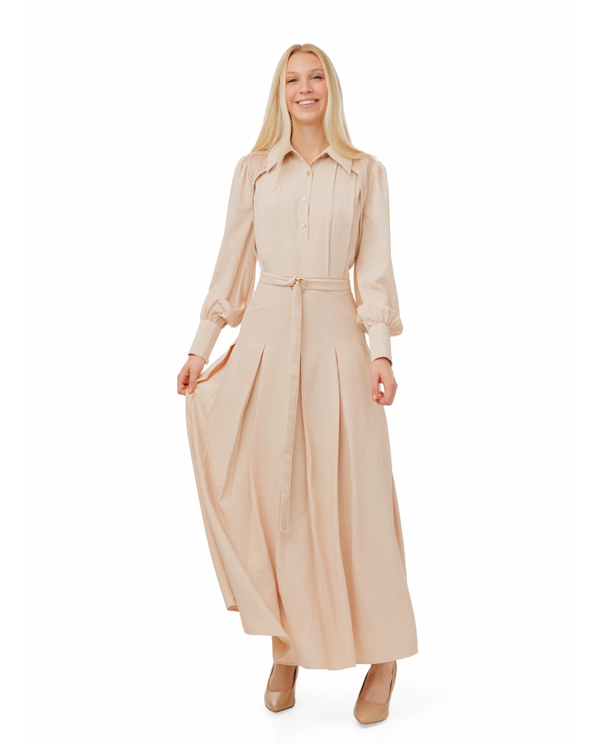 Pleated Dress With Details - Peach