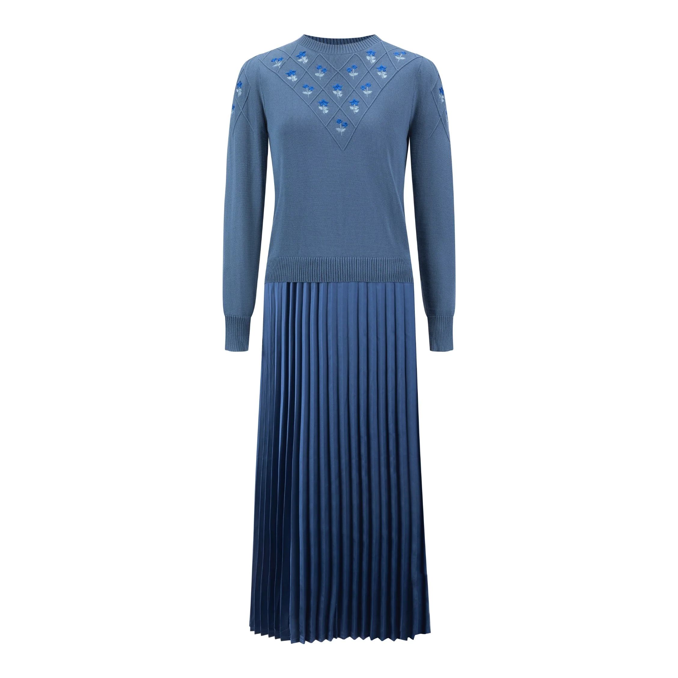 Pleated Dress With Embroidered Knit Overlay - Blue - Image 3