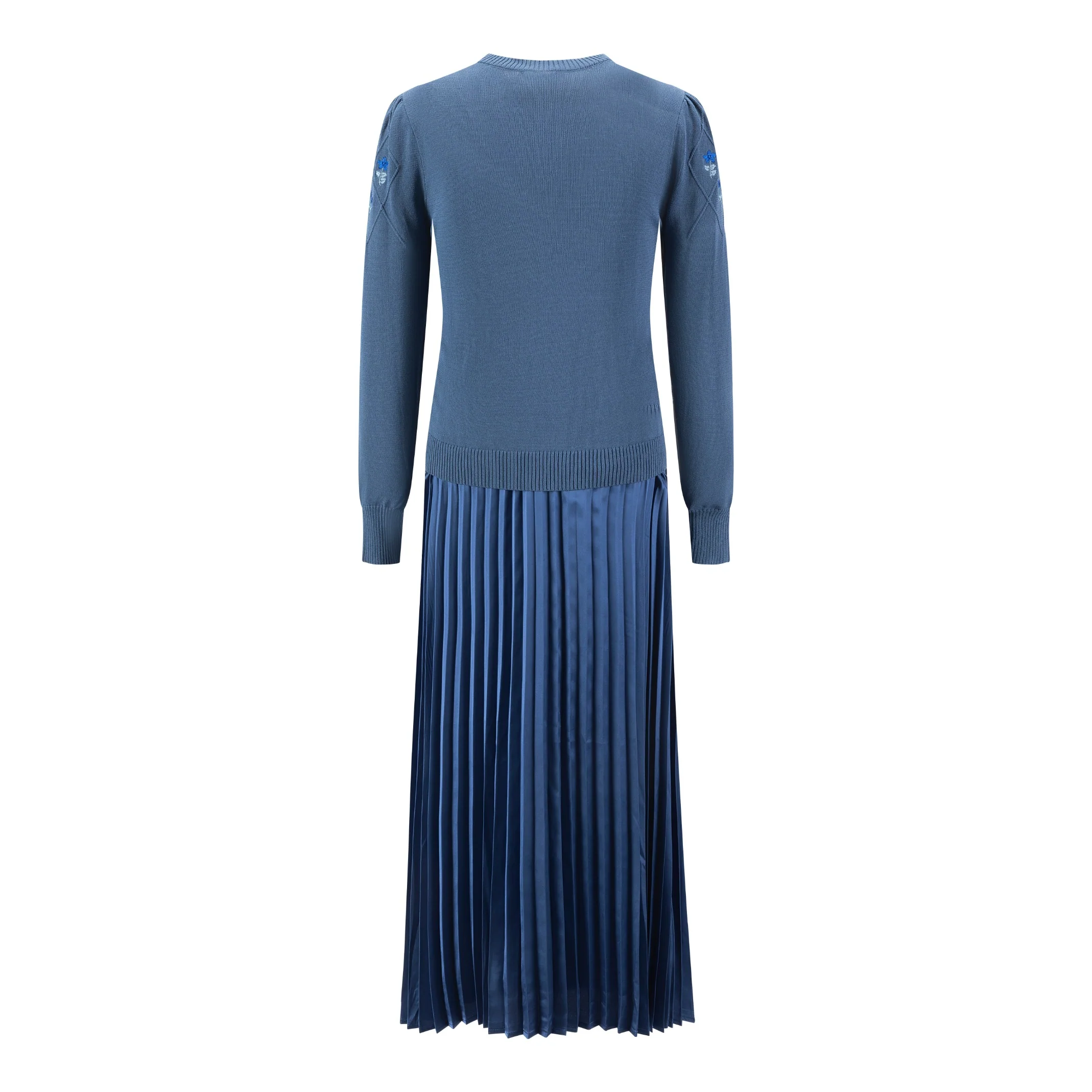 Pleated Dress With Embroidered Knit Overlay - Blue - Image 4