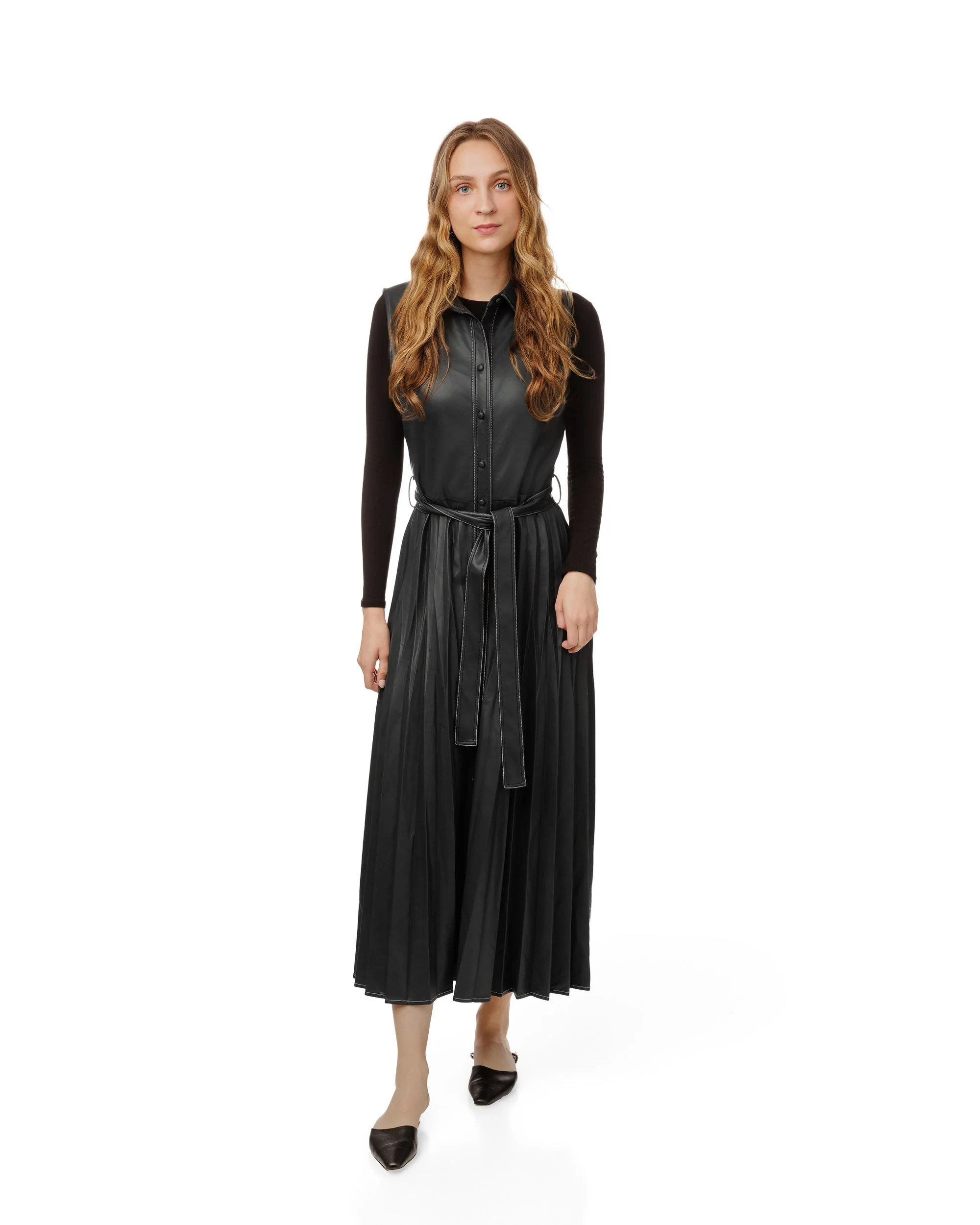 Pleated Leather Jumper - Black
