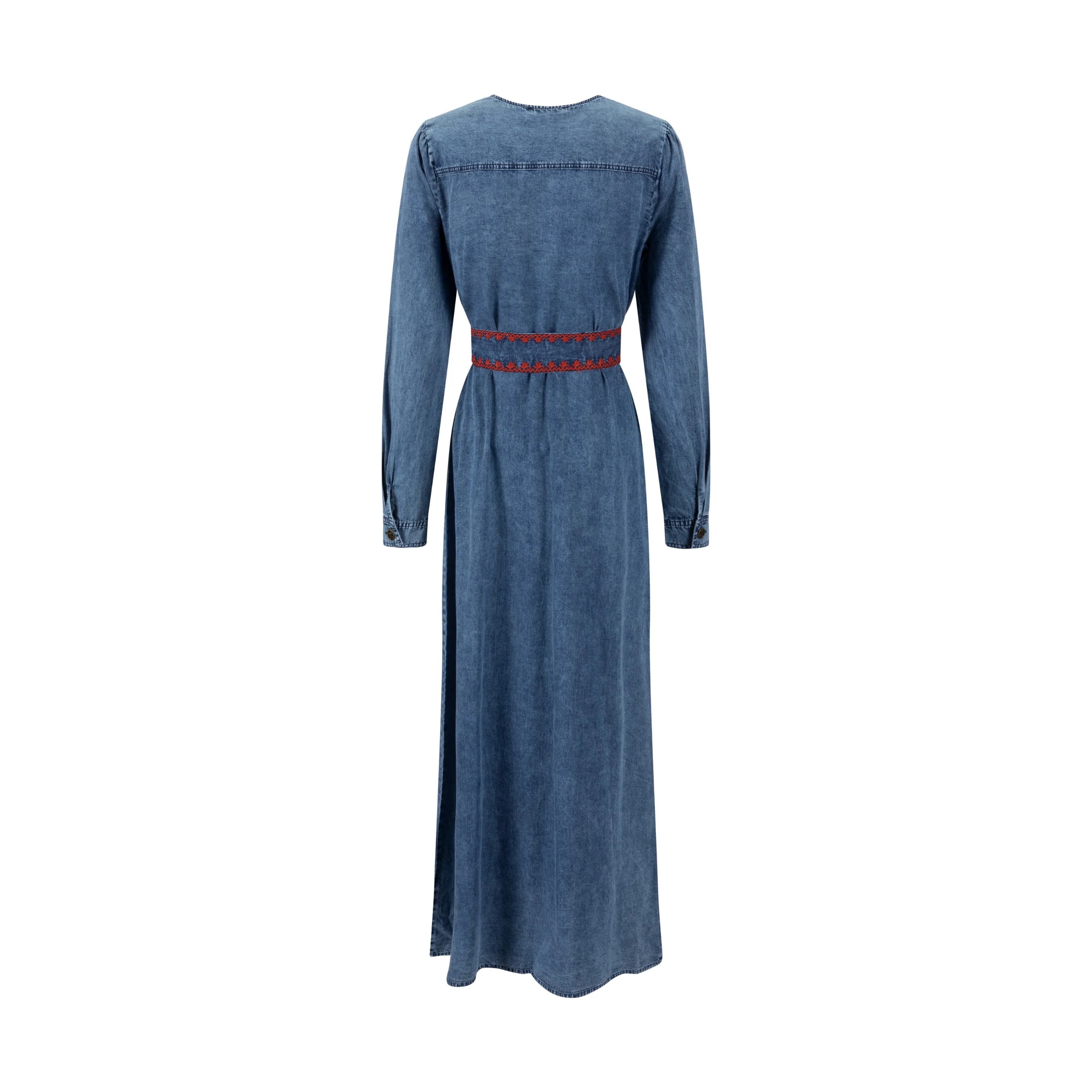 Red Embroidery Trim Denim Dress - Image 3