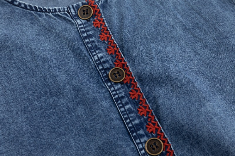 Red Embroidery Trim Denim Dress - Image 6