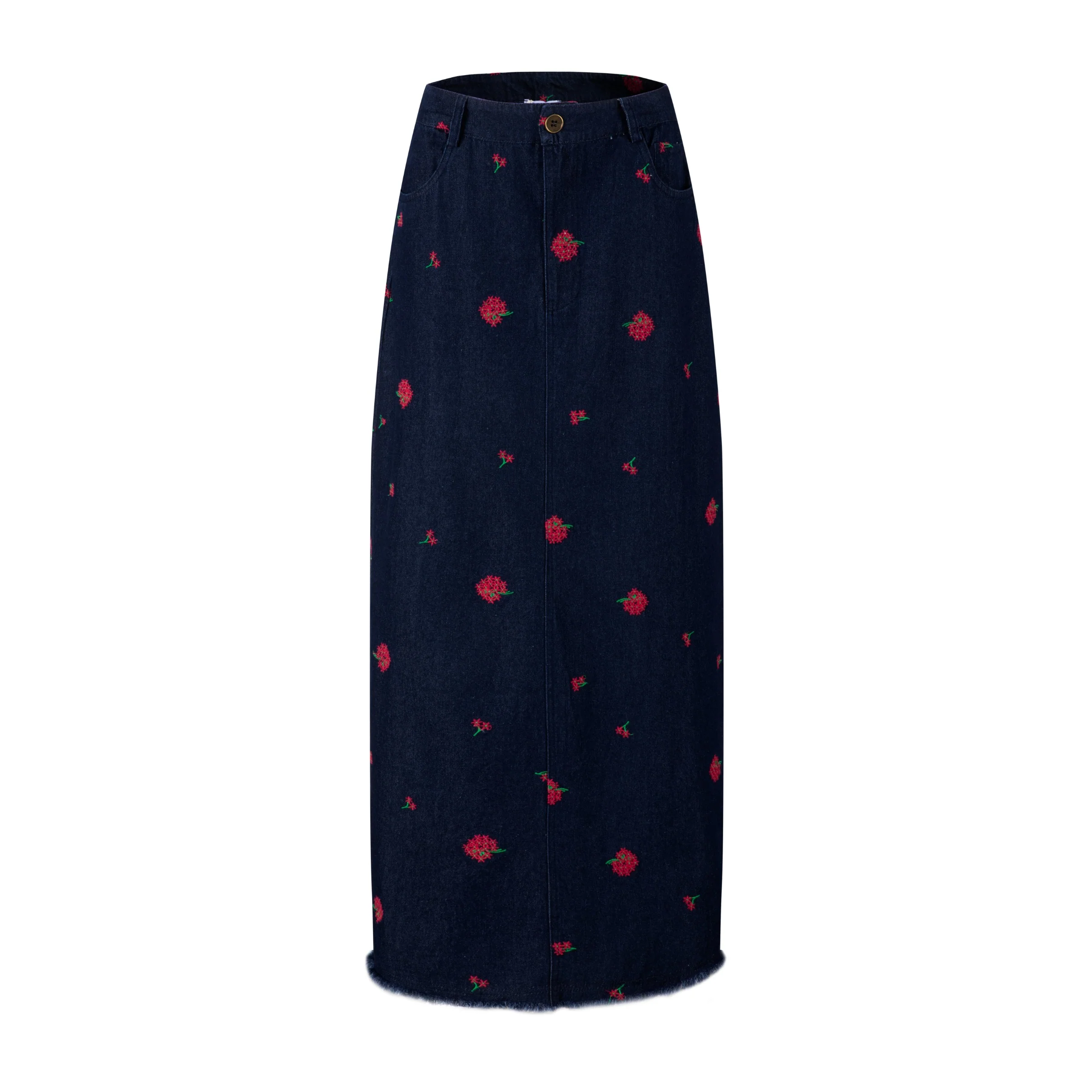 Red Flowers Embroidered Denim Skirt - Dark Blue - Image 3