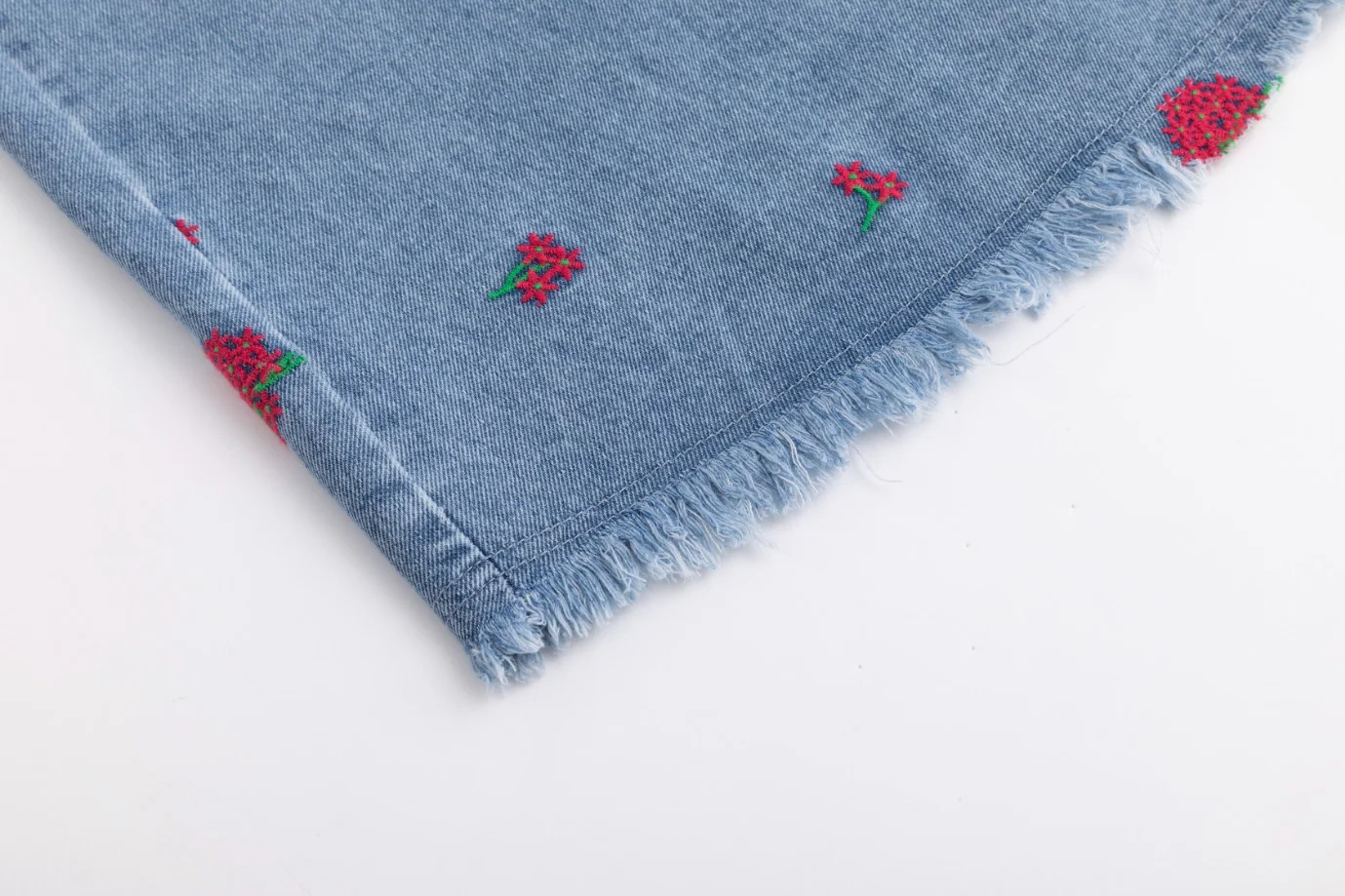 Red Flowers Embroidered Denim Skirt - Light Blue - Image 5
