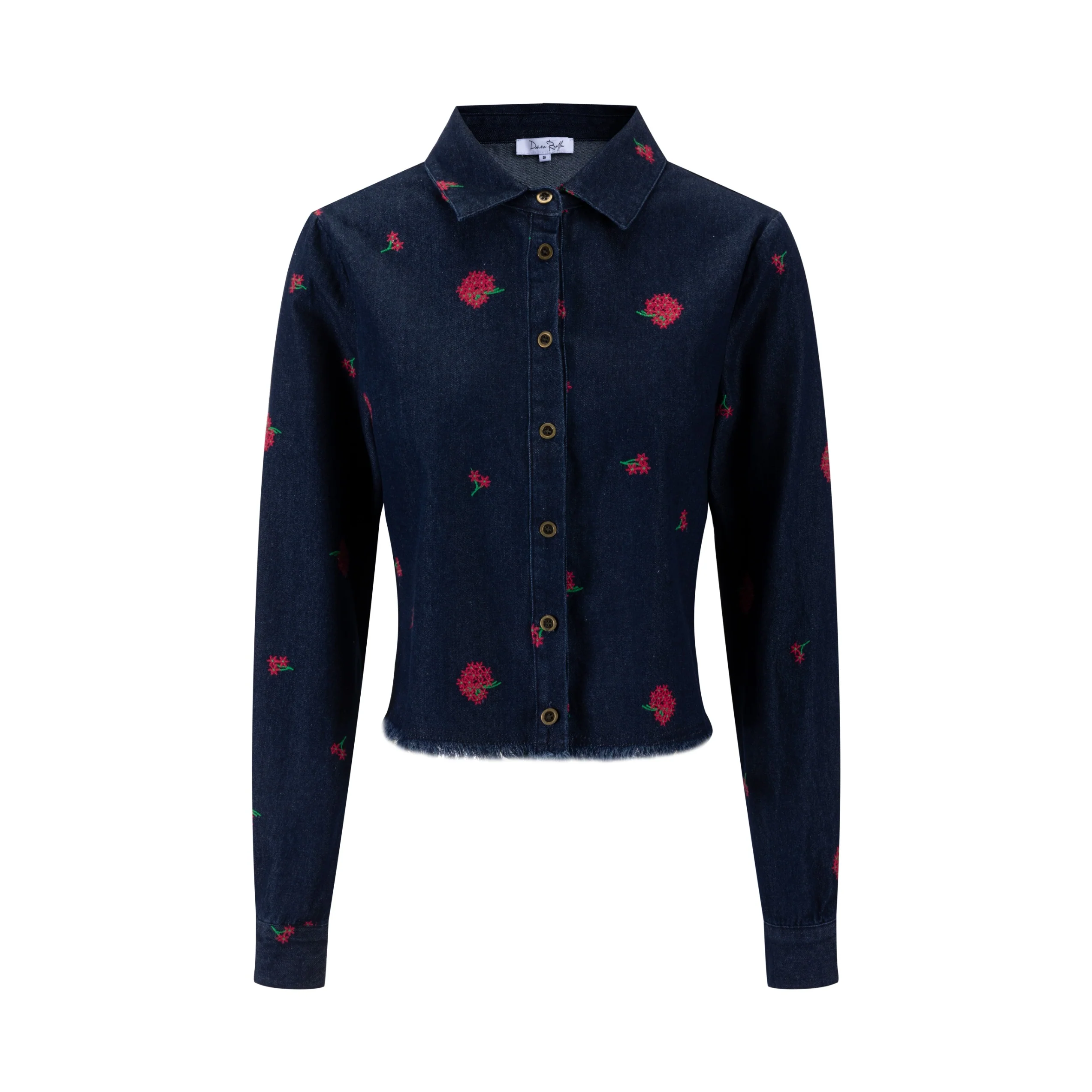 Red Flowers Embroidered Denim Top - Dark Blue - Image 2