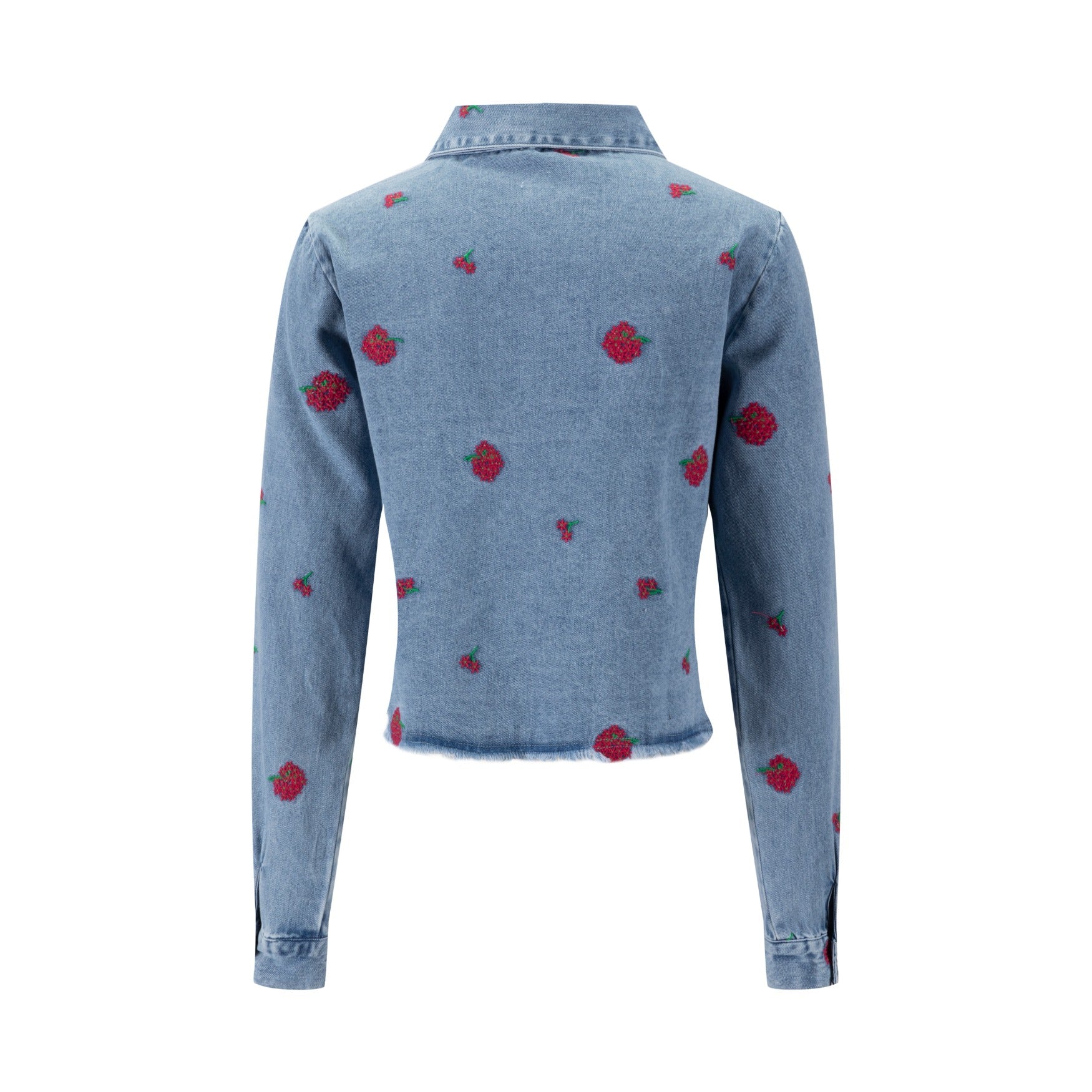 Red Flowers Embroidered Denim Top - Light Blue - Image 3