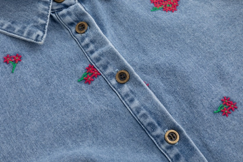 Red Flowers Embroidered Denim Top - Light Blue - Image 6