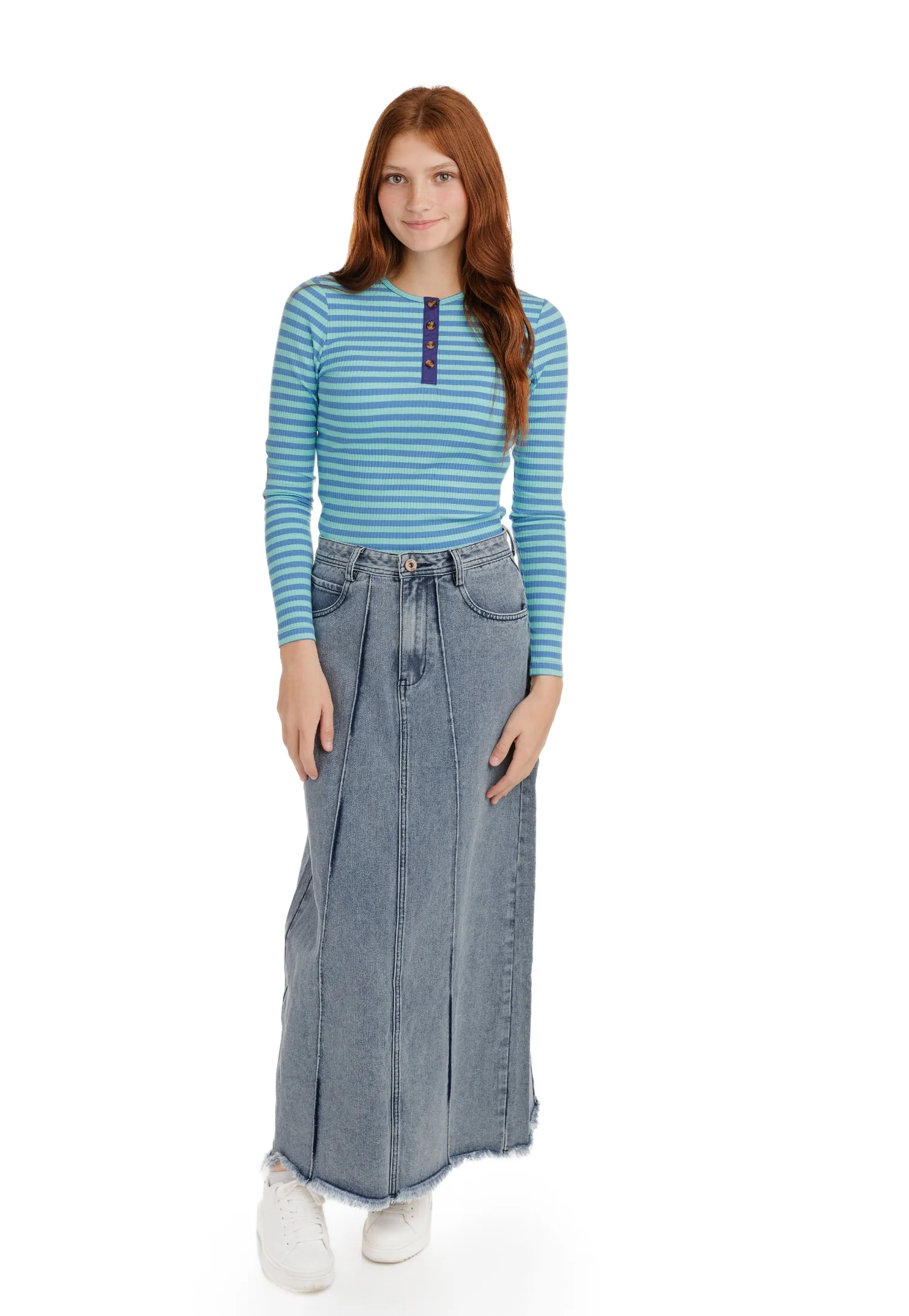 Ribbed Striped T-Shirt With Elbow Patches - Teal/Light Blue - Image 3