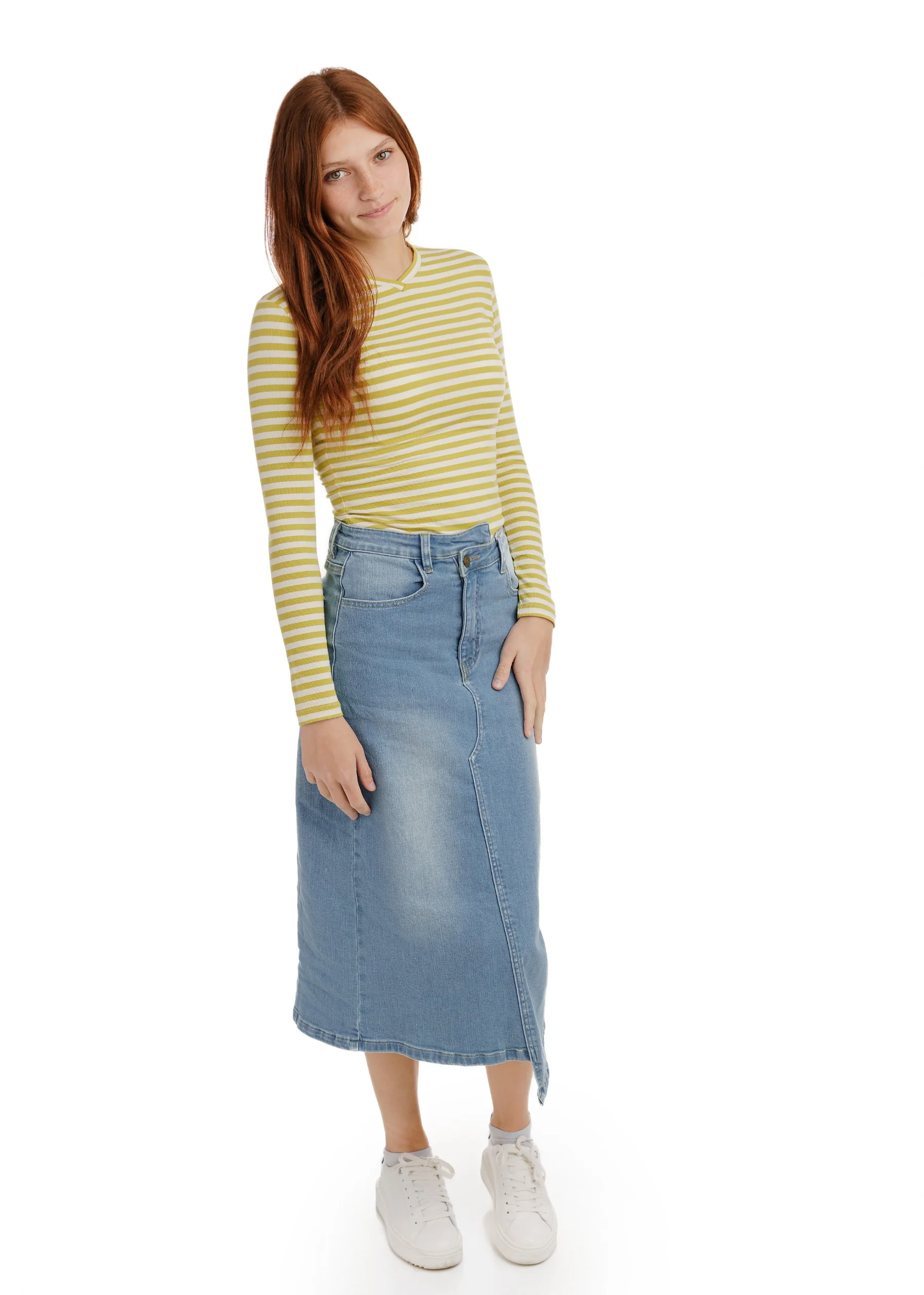 Ribbed V-Neck T-Shirt - Cream/Lime - Image 3