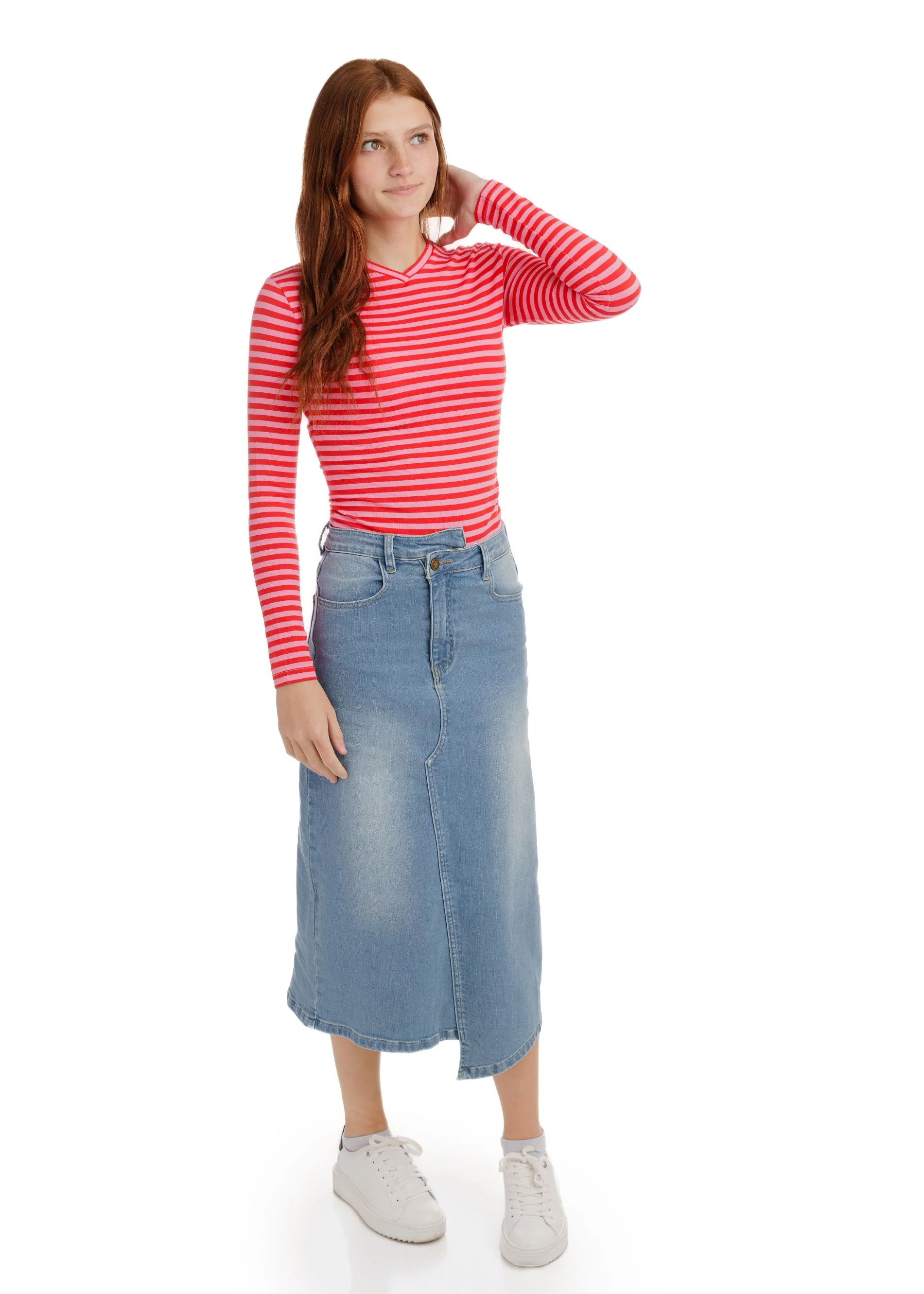 Ribbed V-Neck T-Shirt - Pink/Red - Image 3