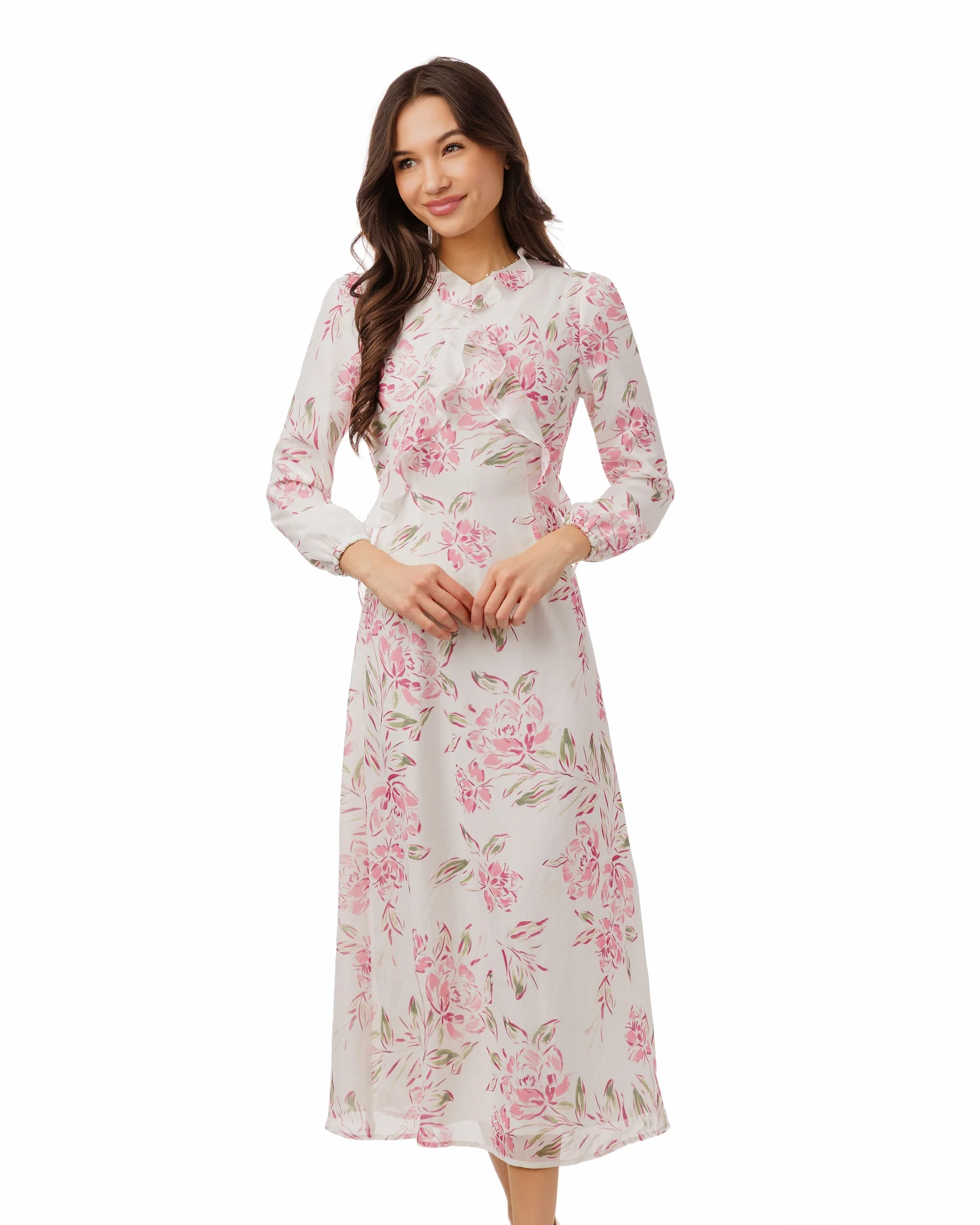 Ruffle Detail Pink Flower Print White Dress - Image 2