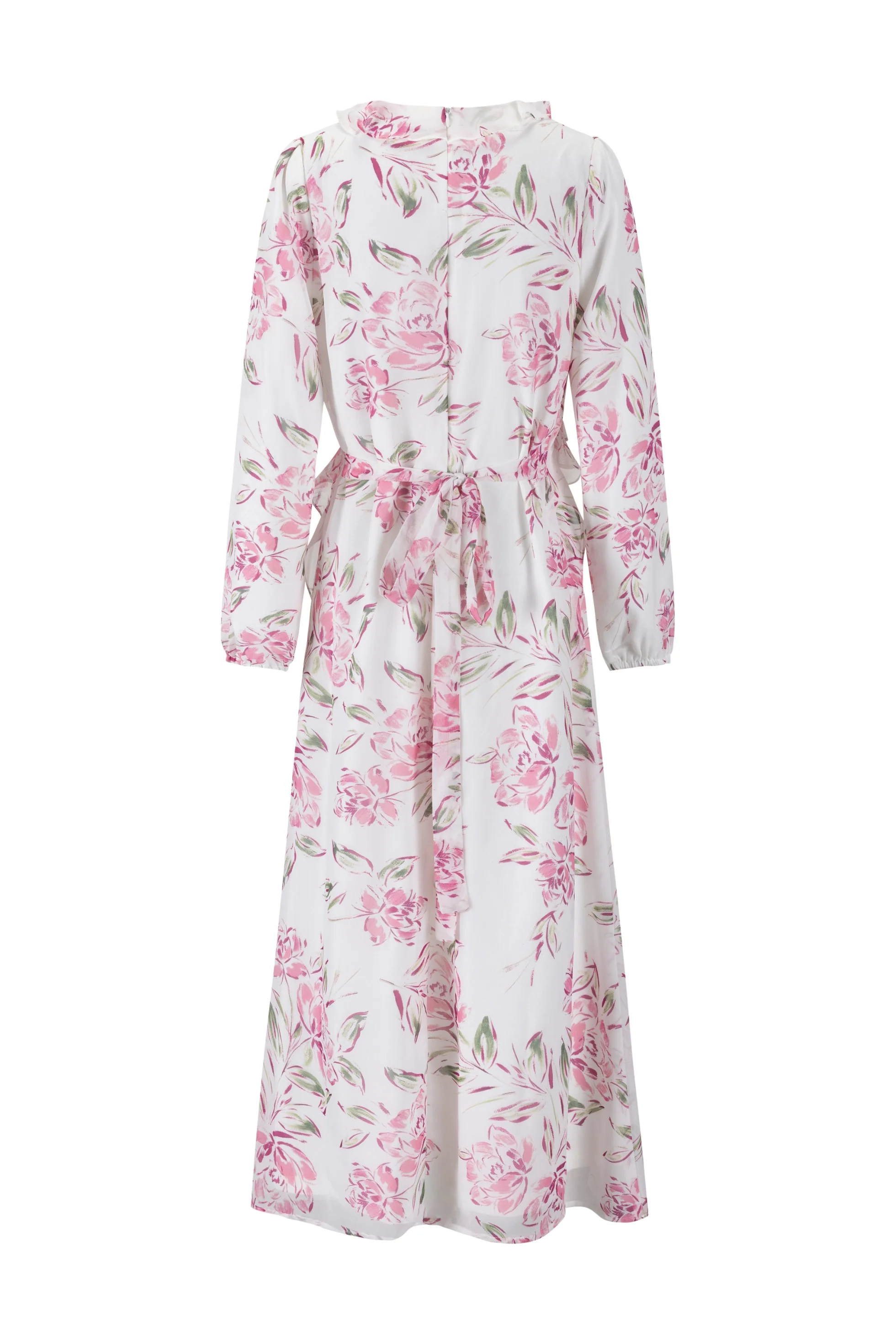 Ruffle Detail Pink Flower Print White Dress - Image 3
