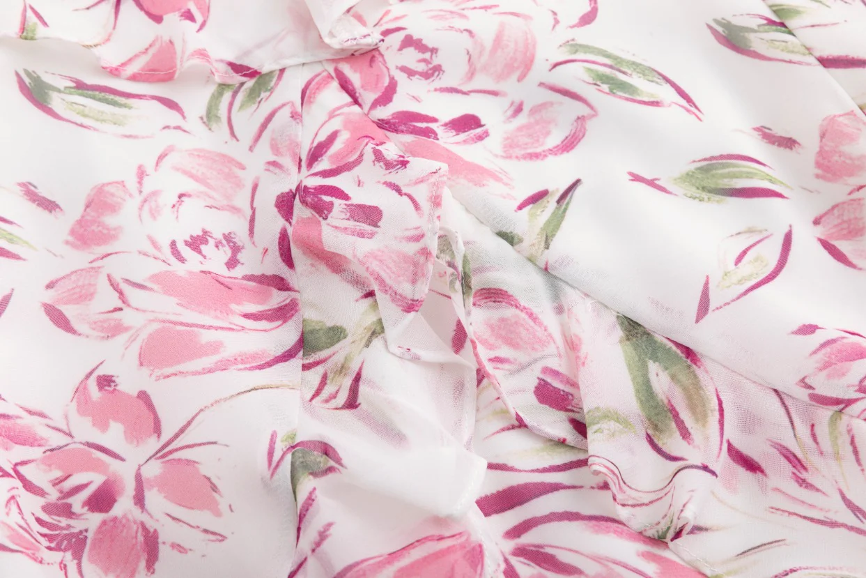 Ruffle Detail Pink Flower Print White Dress - Image 7