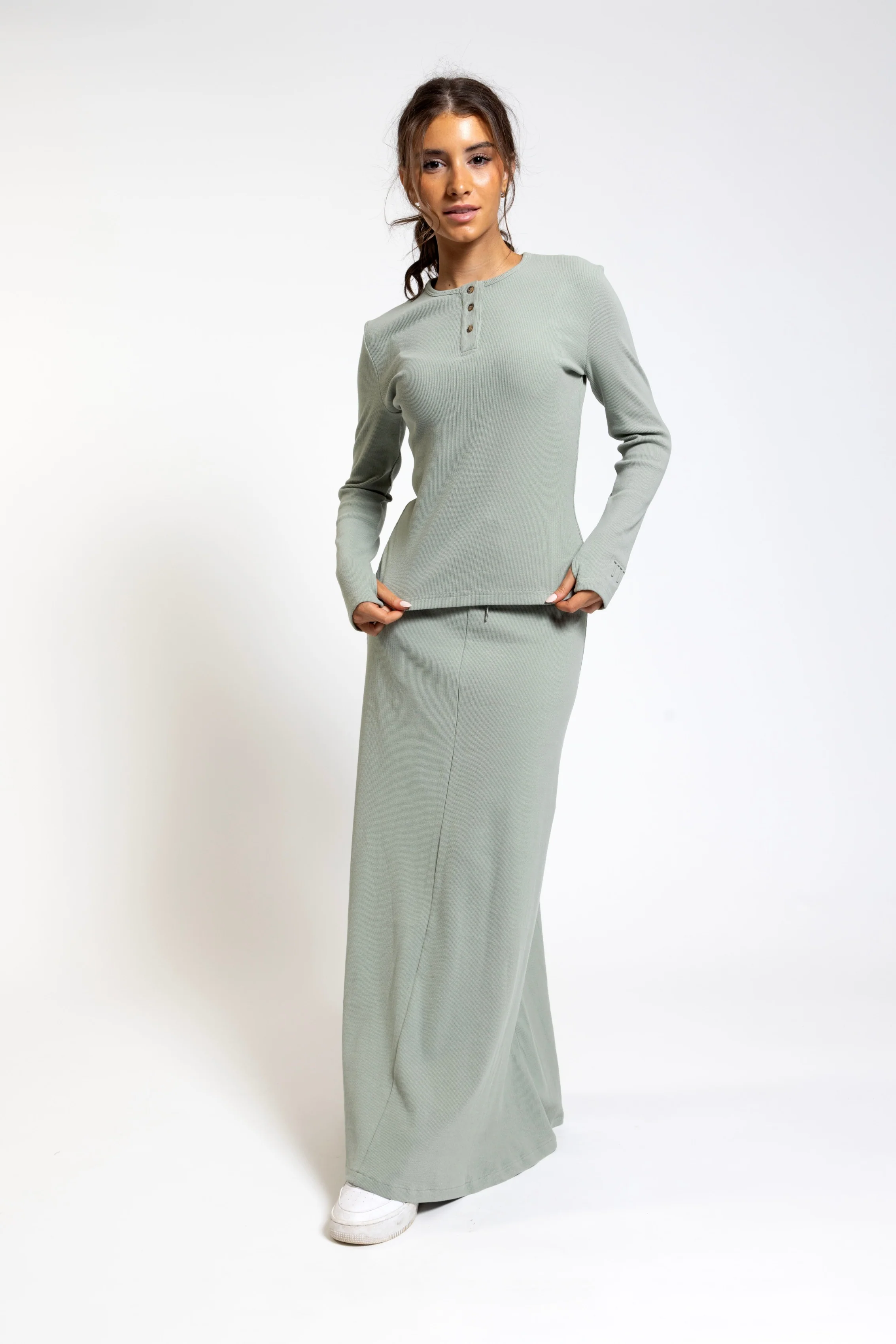 Sage Ribbed Skirt With Drawstring - TTYLSS2420S-A - Image 2
