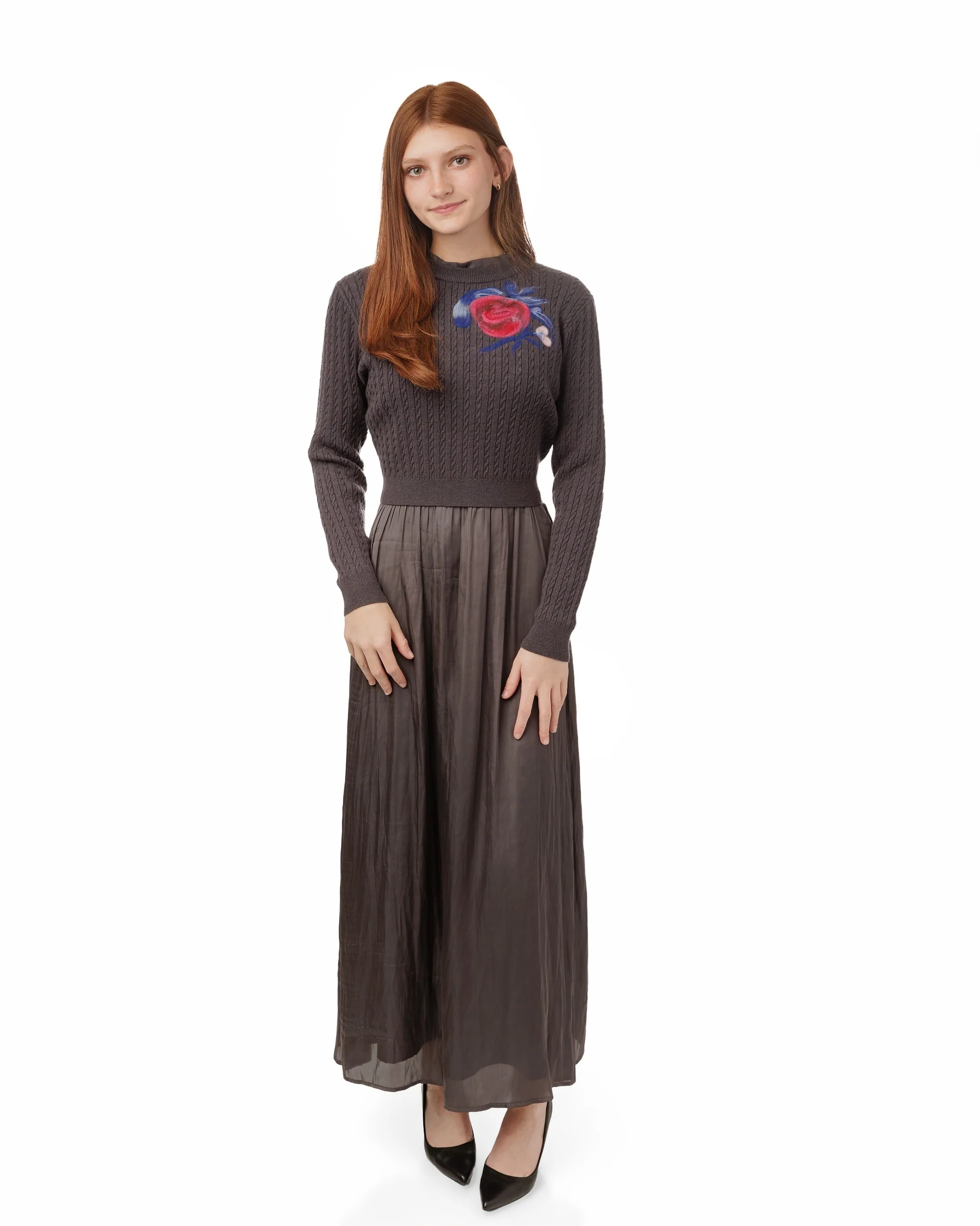 Satin Dress With Knit Floral Overlay - Grey