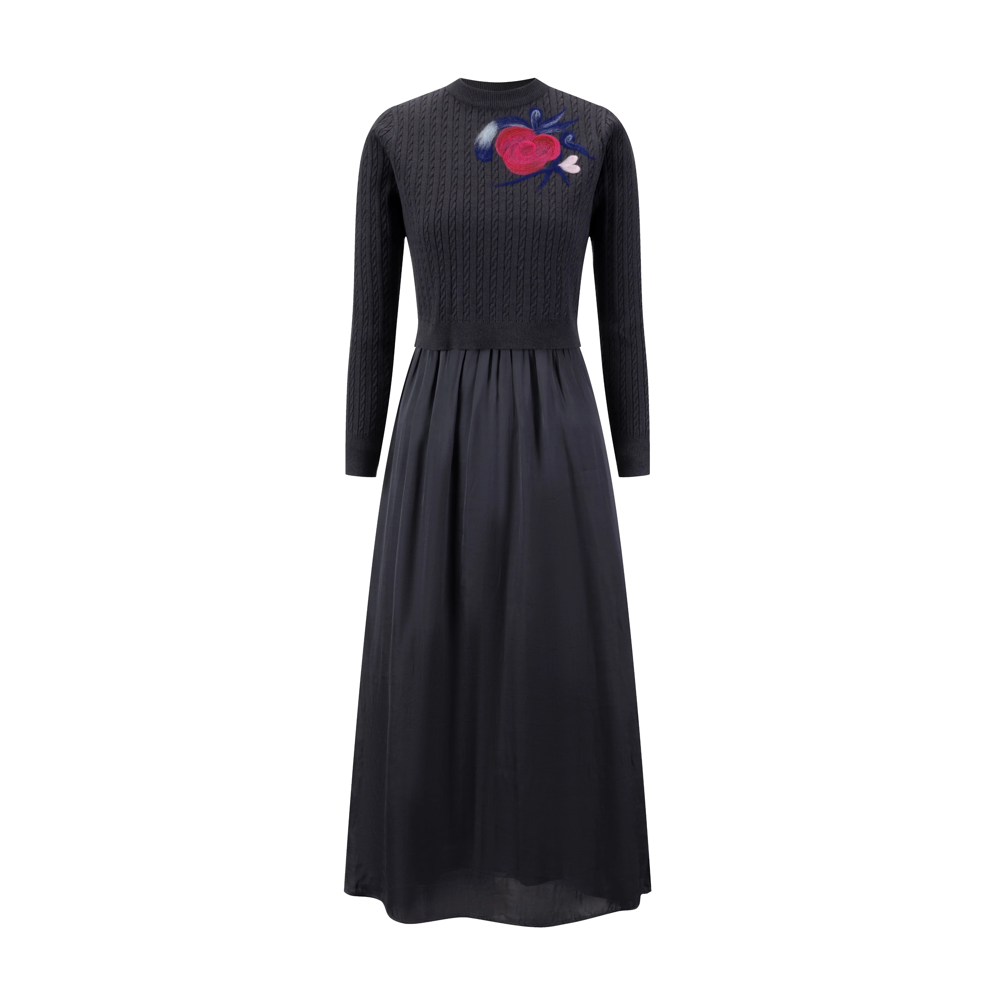 Satin Dress With Knit Floral Overlay - Grey - Image 2