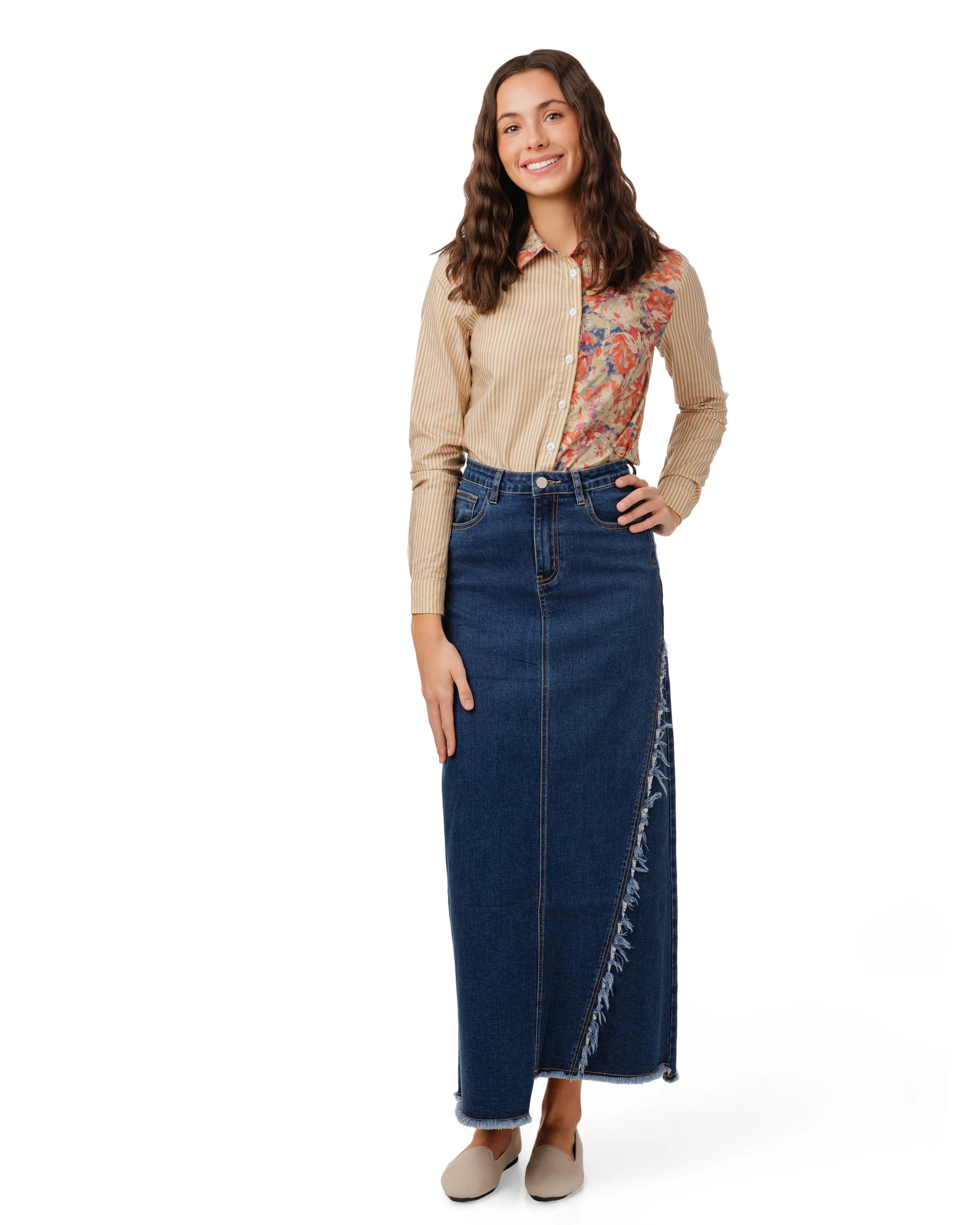 Side Frayed Denim Skirt - Blue Denim